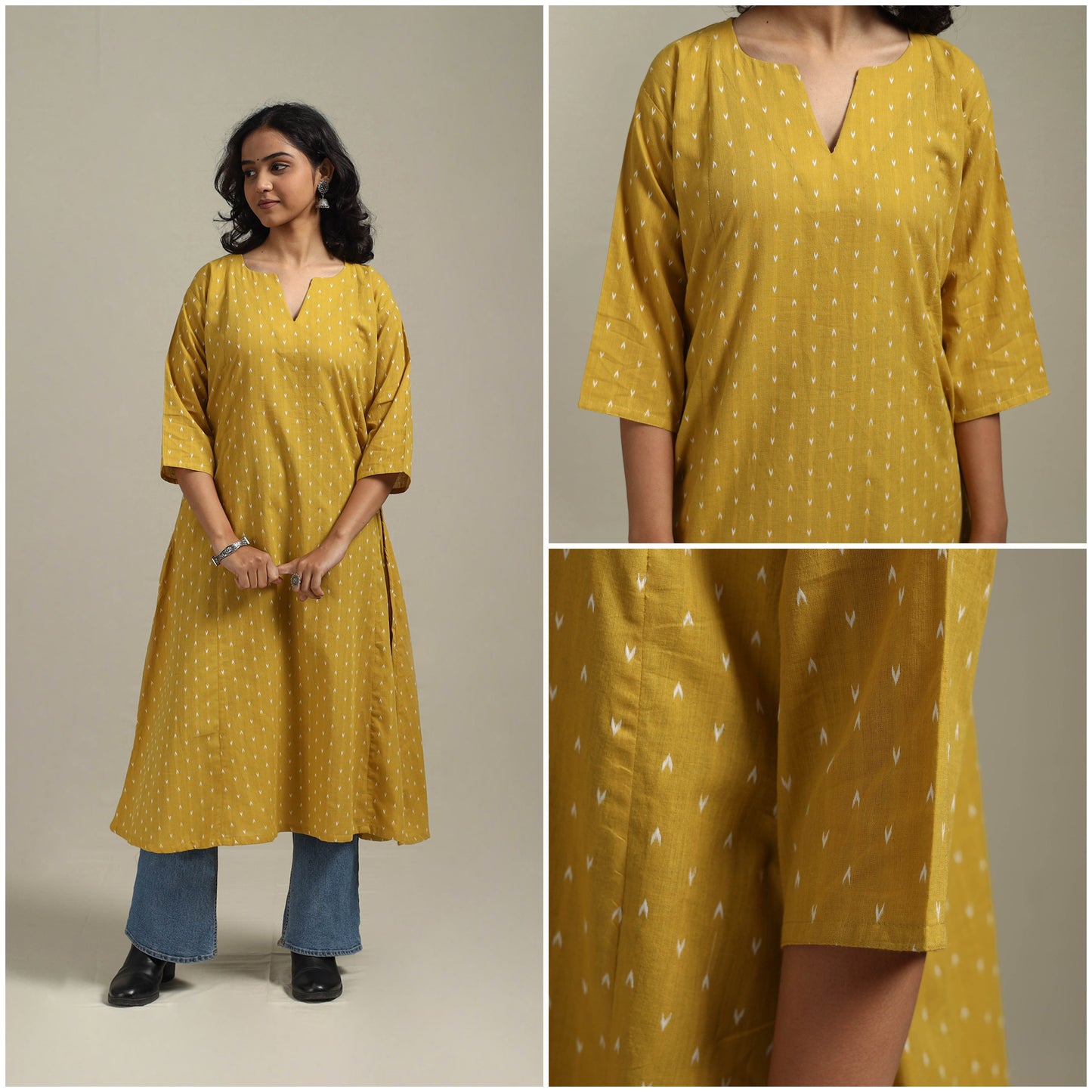Yellow - a-line cotton jacquard kurta 19 - handcrafted