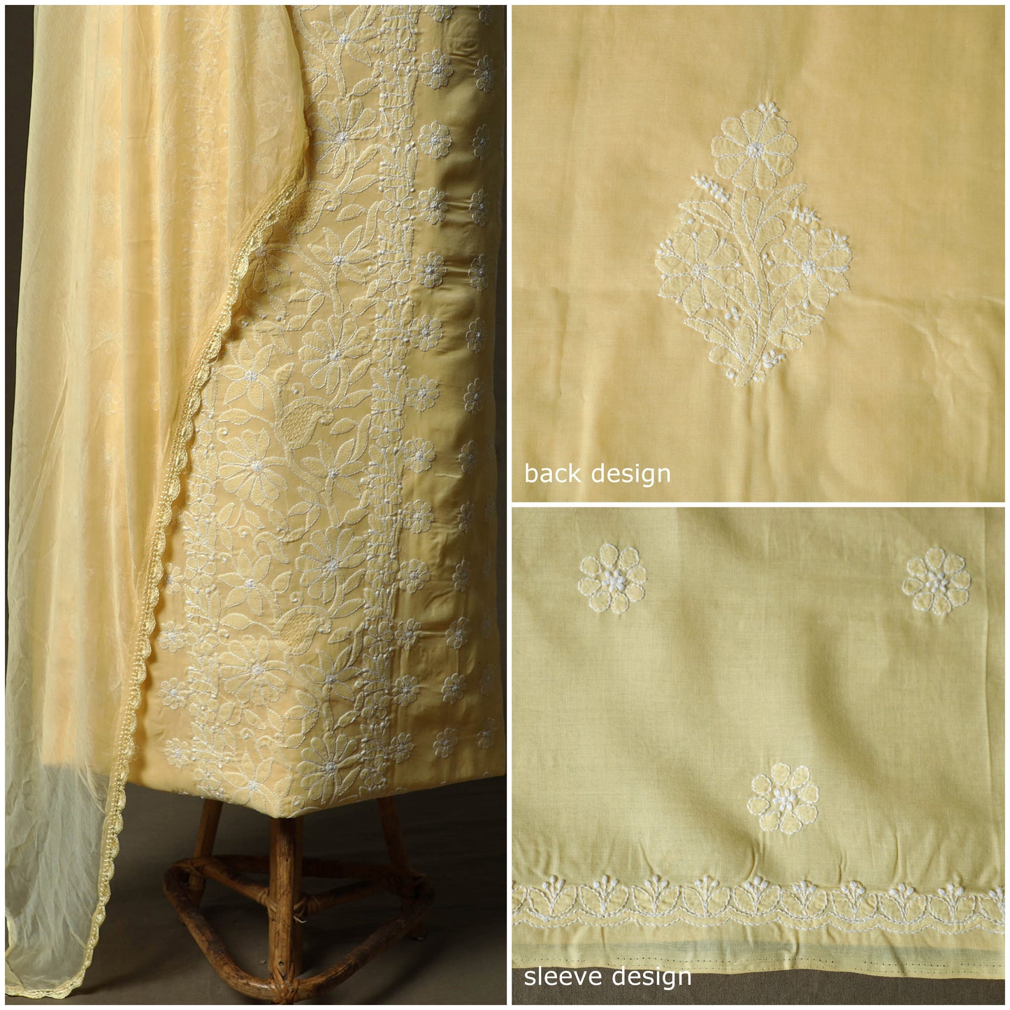 Yellow - lucknowi hand embroidered cotton chikankari 3pc