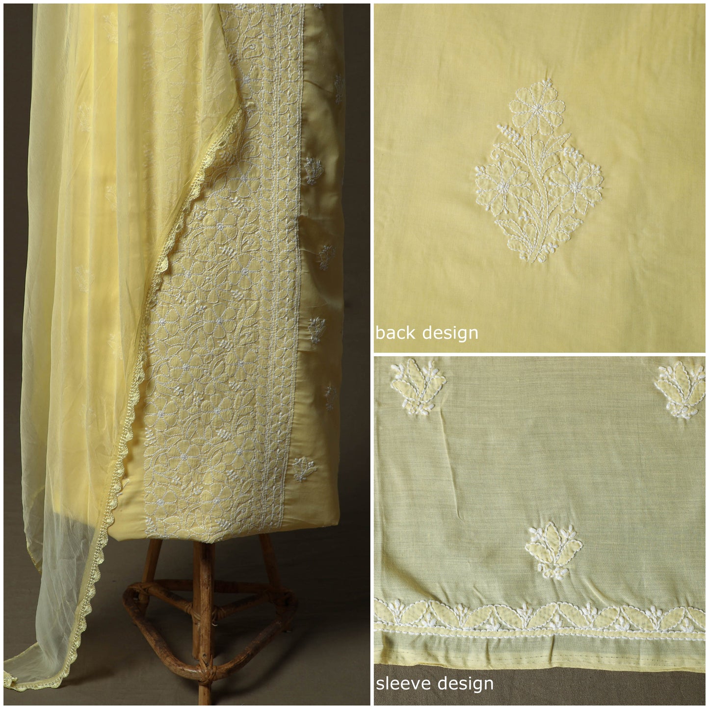 Yellow - lucknowi hand embroidered cotton chikankari 3pc