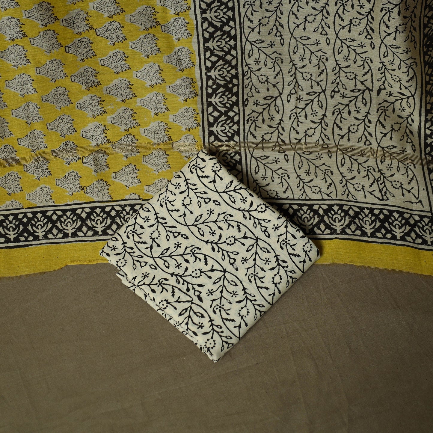Maheshwari silk hand block bagru print 3pc unstitched dress