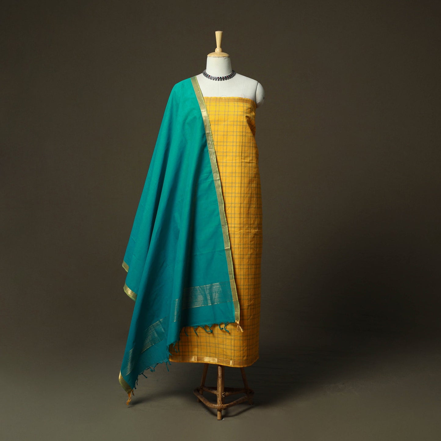 Mangalagiri cotton 3pc unstitched dress material with zari