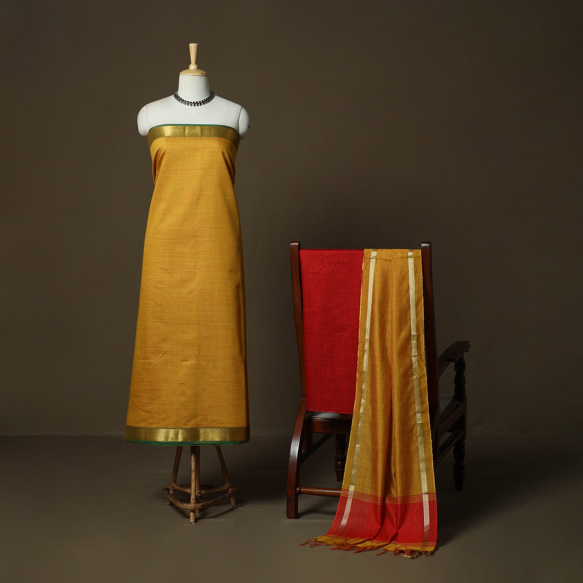 Yellow Mangalagiri Silk Cotton 3pc with Zari Border Unstitched Dress Material Suit Sets