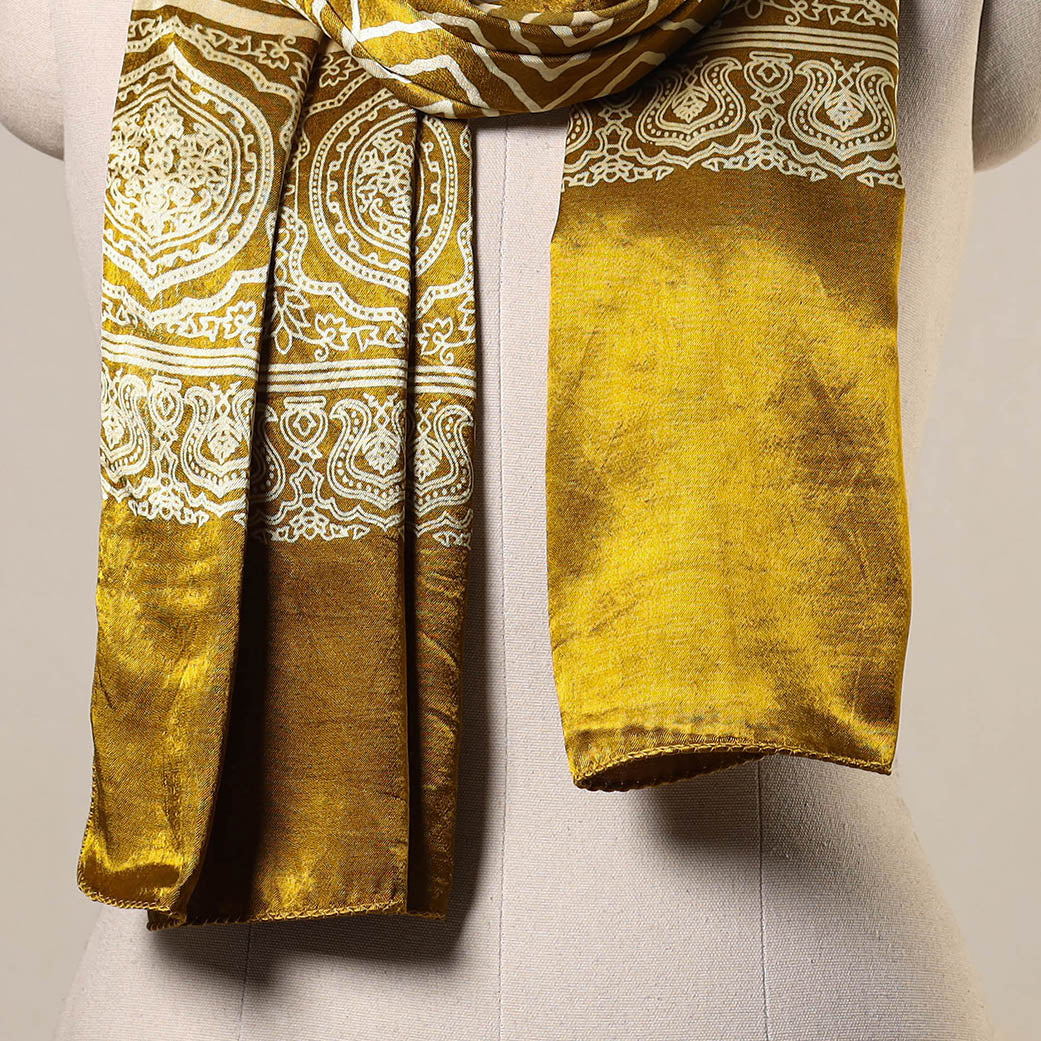 Yellow Mashru Silk Printed Ajrakh Stole