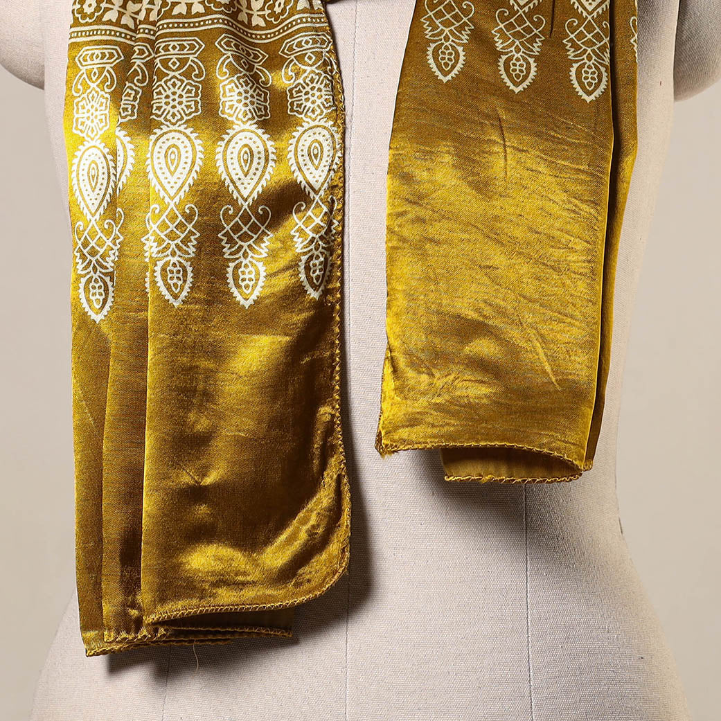 Yellow Mashru Silk Printed Ajrakh Stole