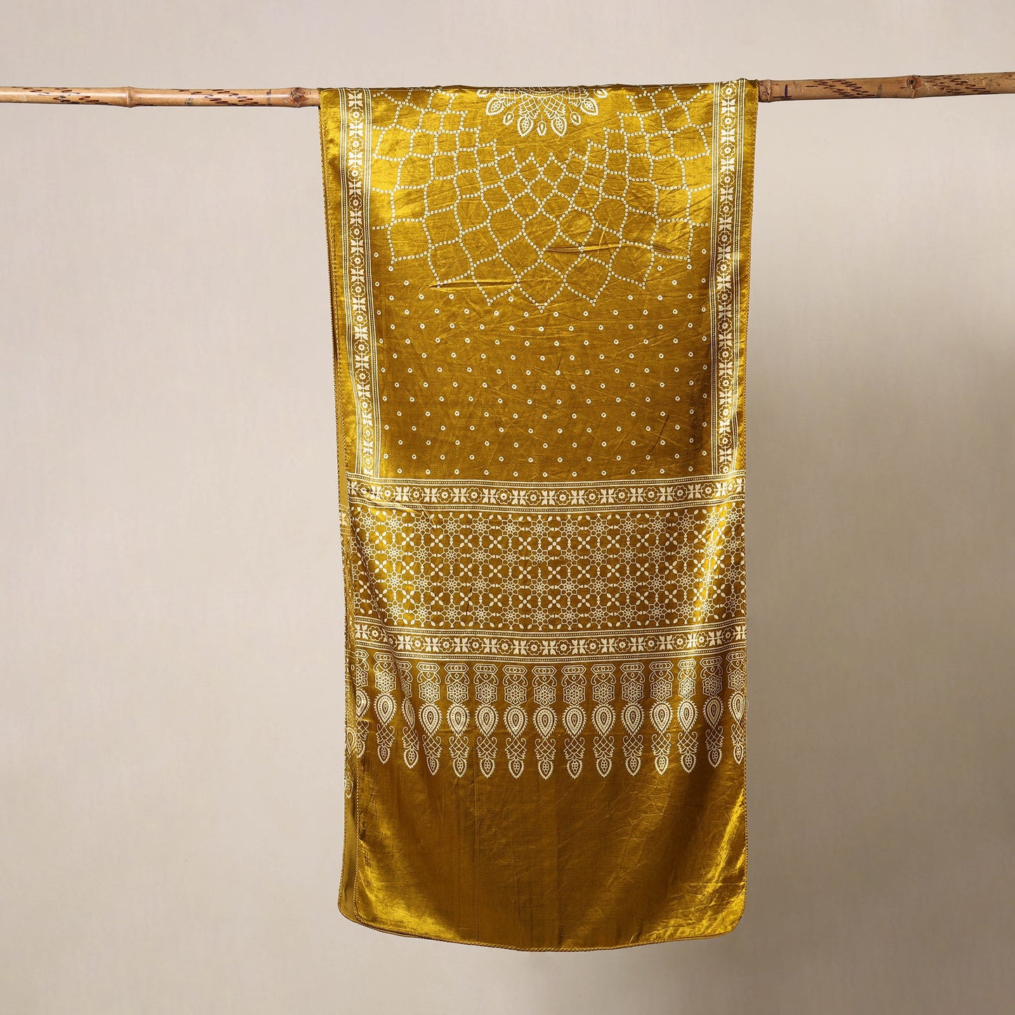 Yellow Mashru Silk Printed Ajrakh Stole