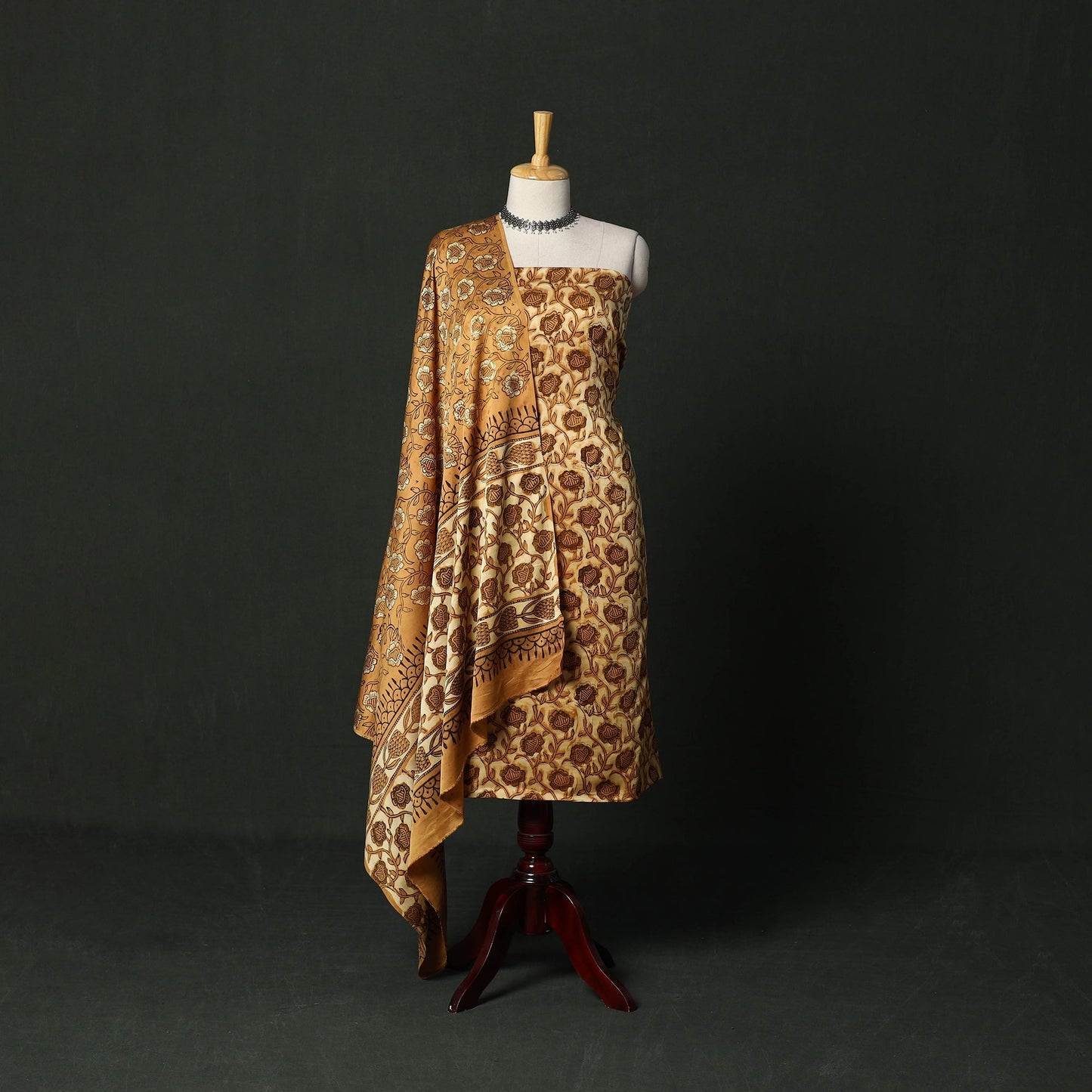 Modal silk hand block bagru print 3pc unstitched dress