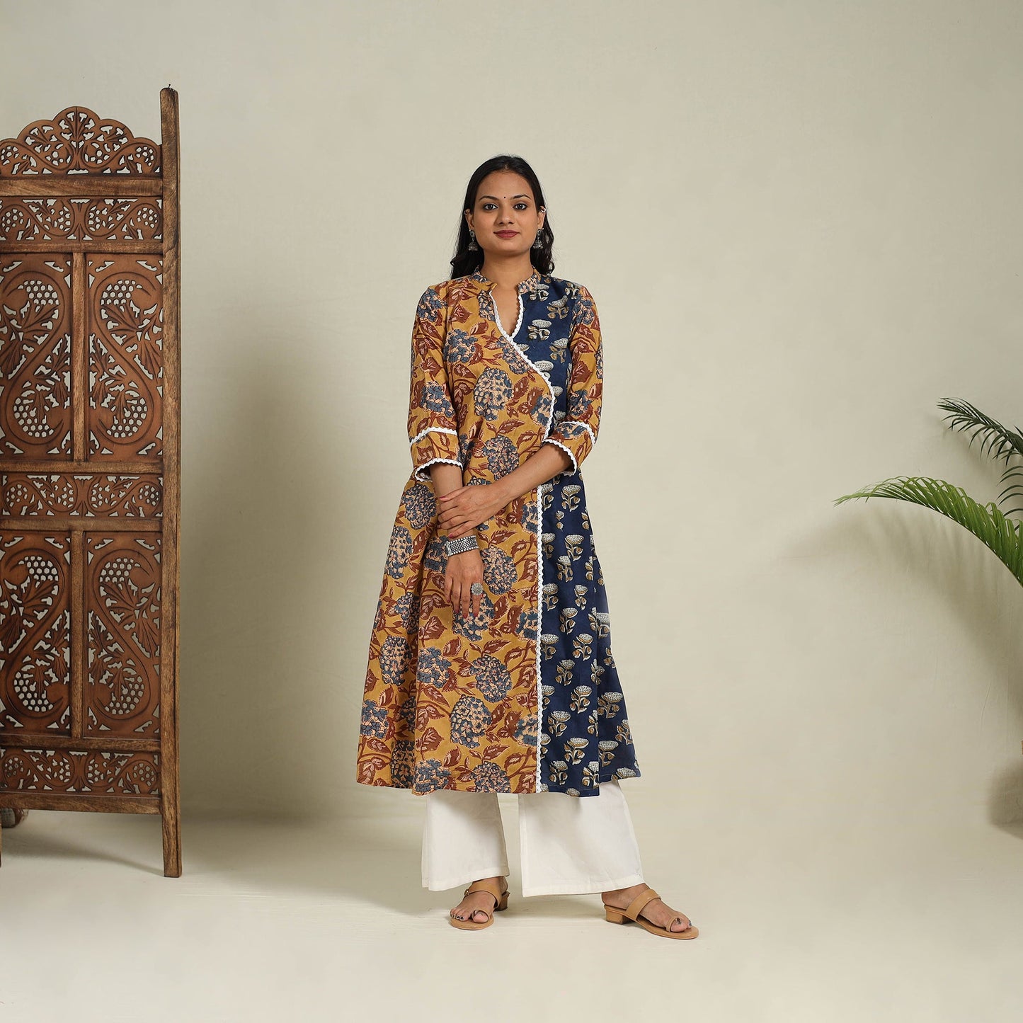 Mosaic Fusion Cotton A-Line Lace Work Yellow Sanganeri Kurta for Women