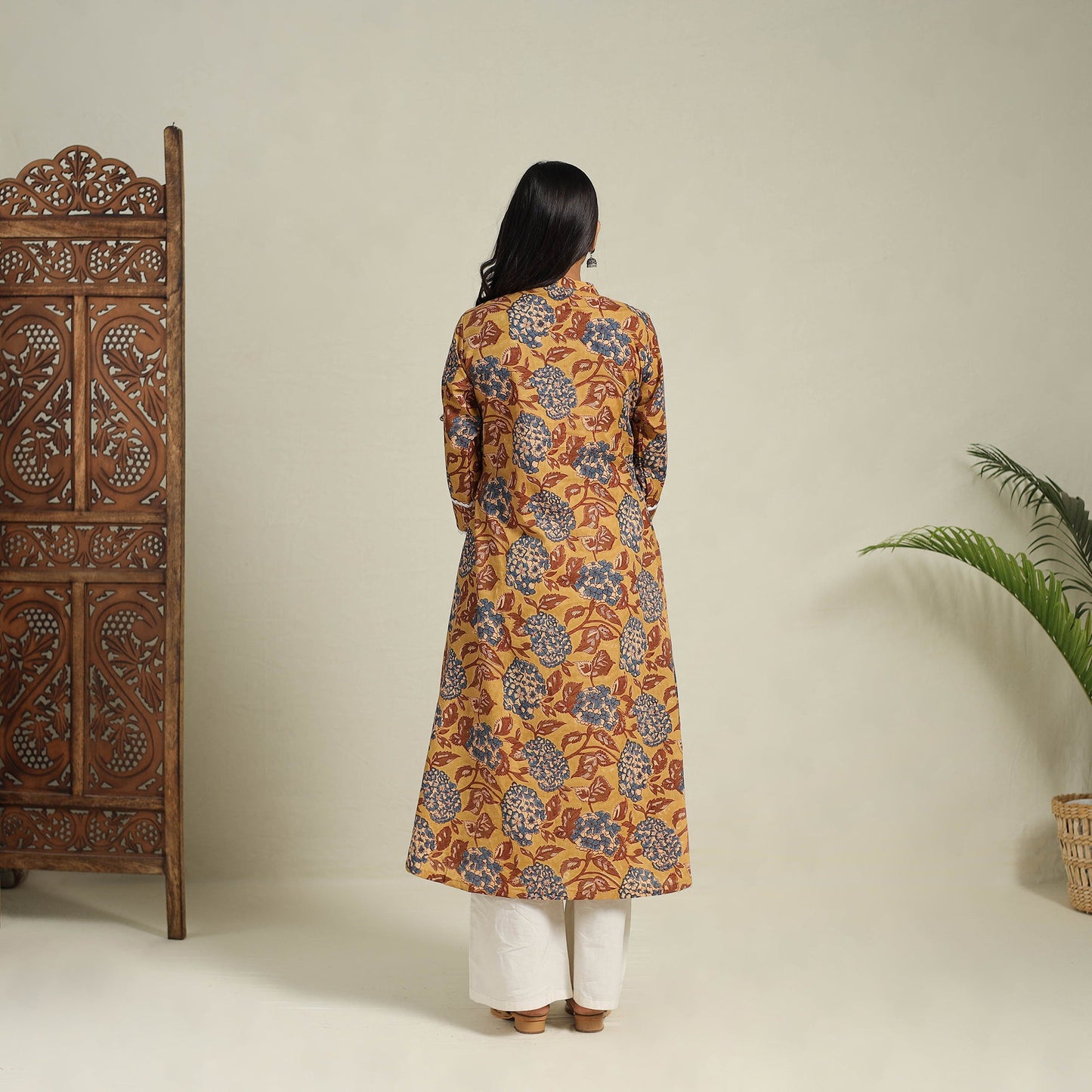 Mosaic Fusion Cotton A-Line Lace Work Yellow Sanganeri Kurta for Women