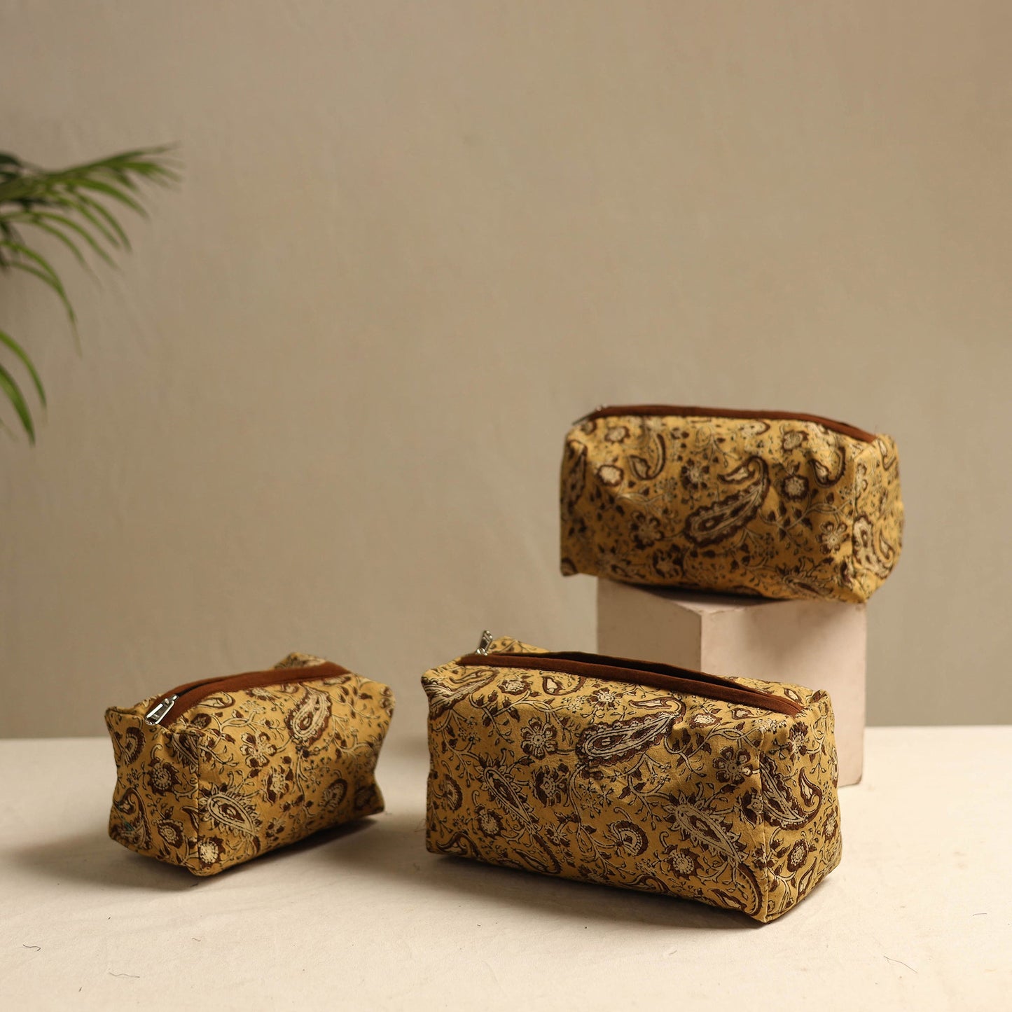 Yellow Multipurpose Handmade Toiletry Bags (Set of 3)