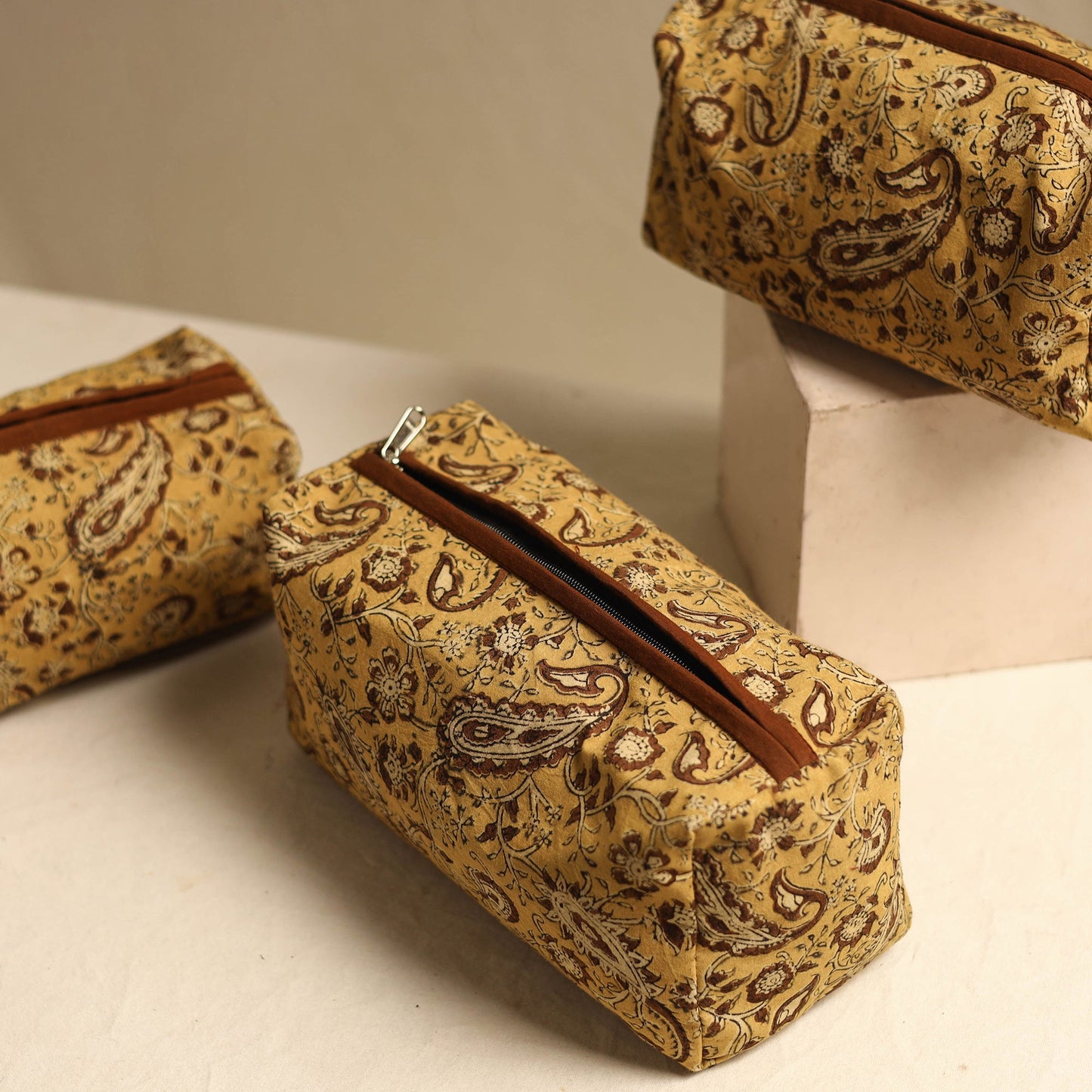 Yellow Multipurpose Handmade Toiletry Bags (Set of 3)
