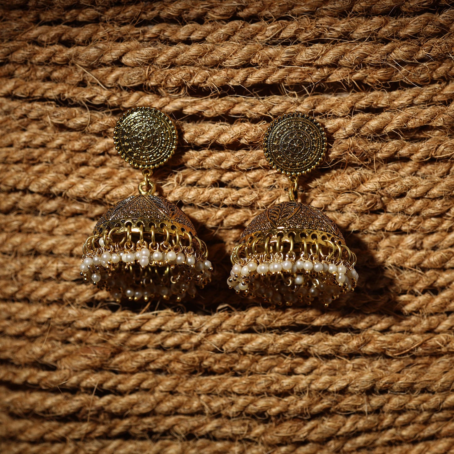 Naimat Golden Handcrafted GS Beaded Jhumki Earrings
