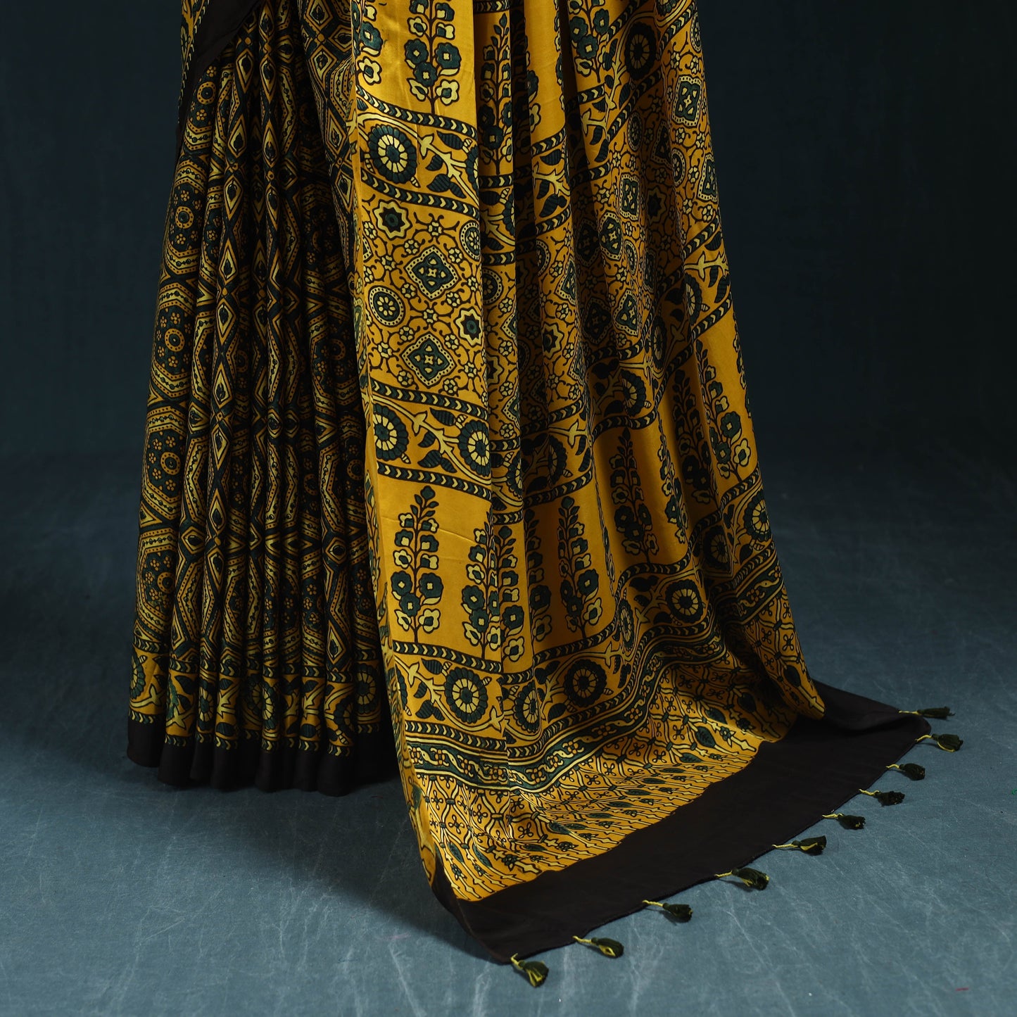 Natural dyed modal silk kutch hand block print ajrakh saree