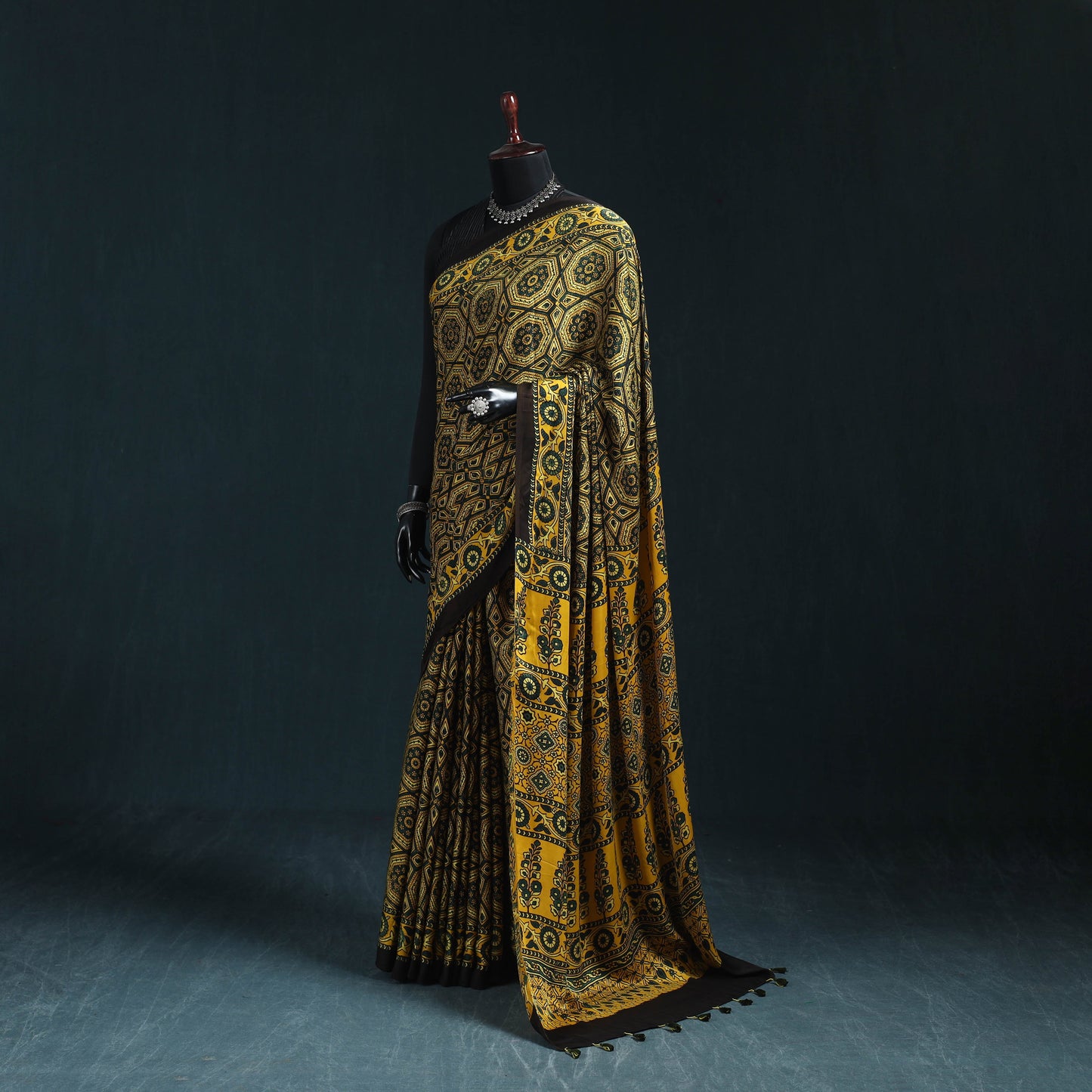 Natural dyed modal silk kutch hand block print ajrakh saree