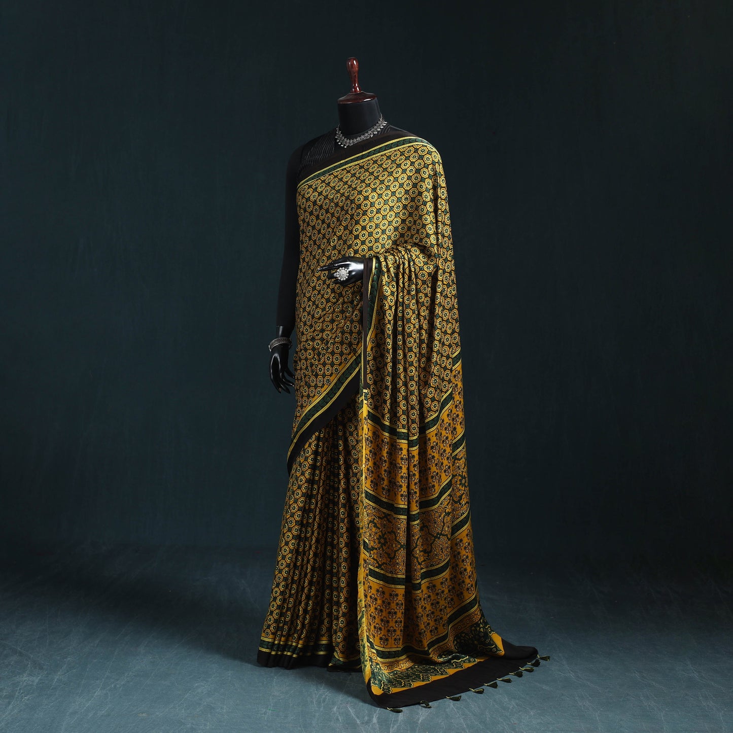 Natural dyed modal silk kutch hand block print ajrakh saree