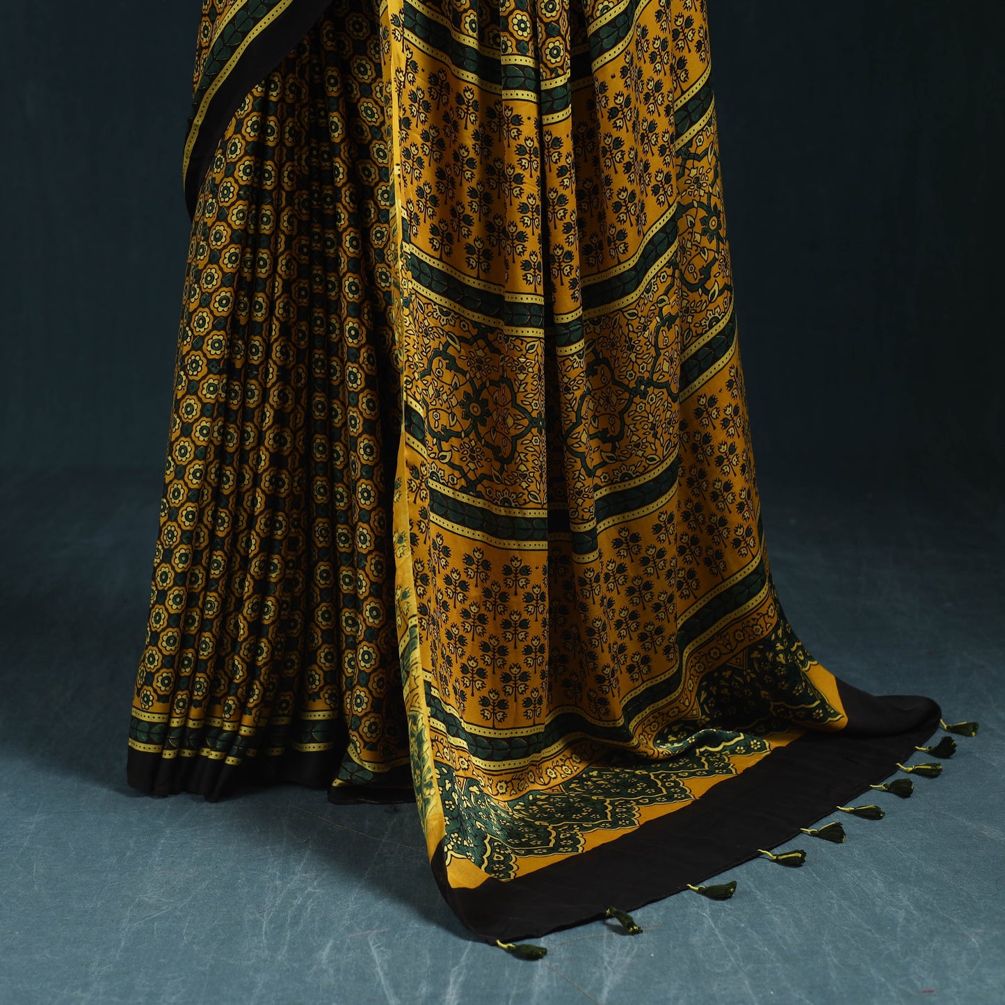Natural dyed modal silk kutch hand block print ajrakh saree