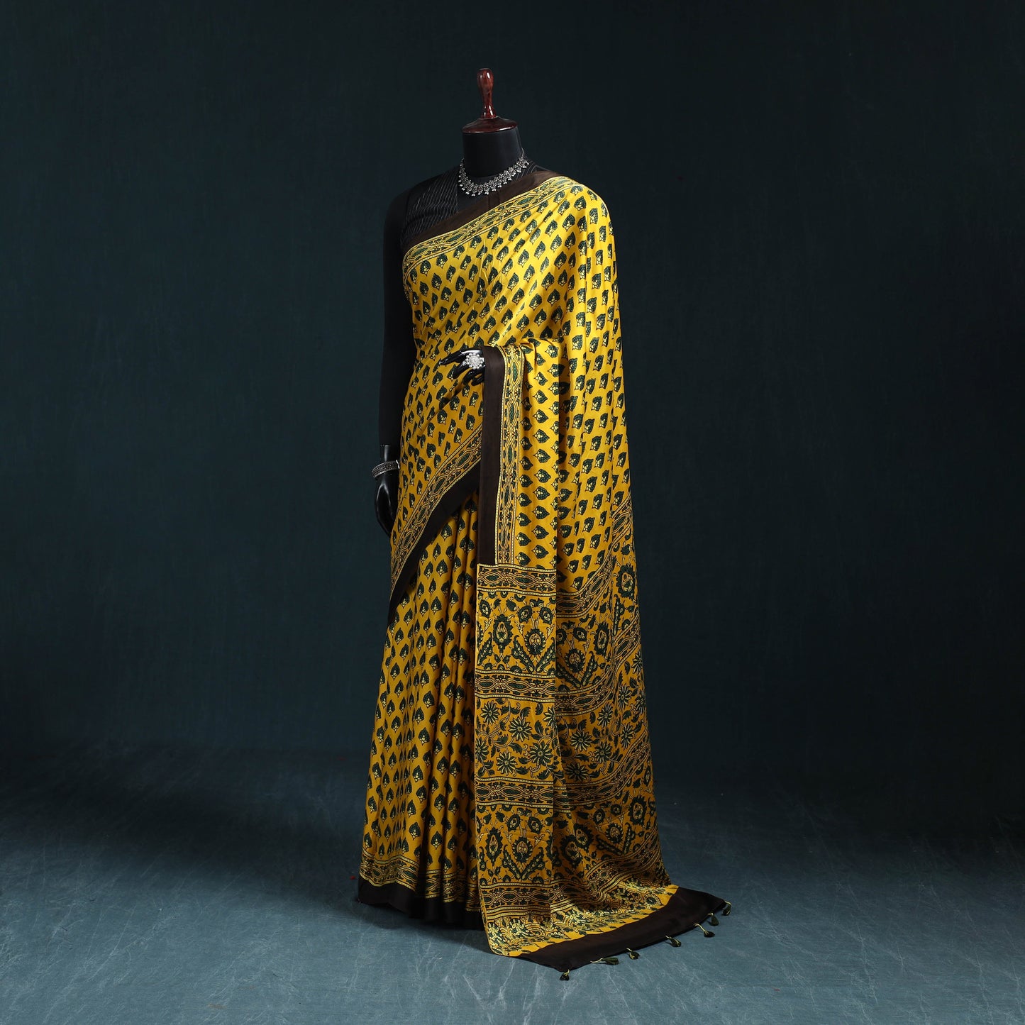 Natural dyed modal silk kutch hand block print ajrakh saree