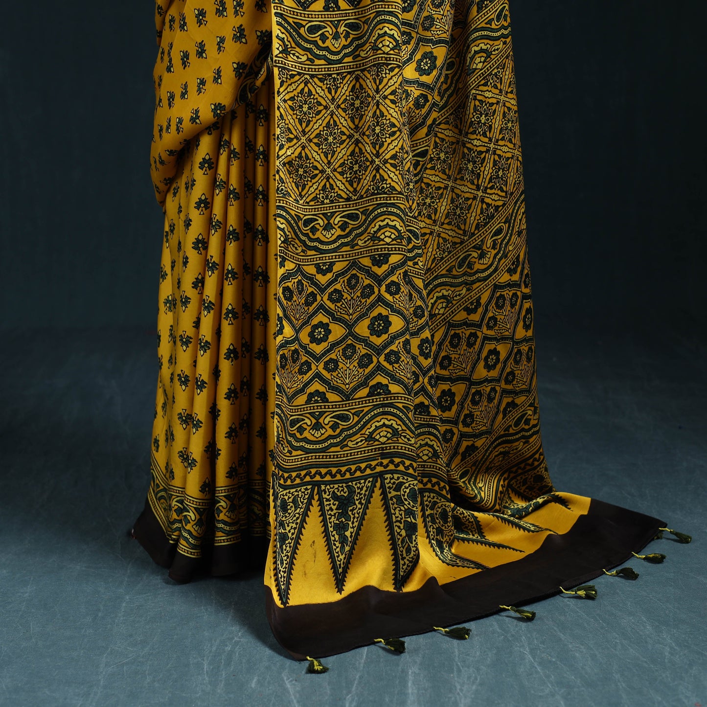 Natural dyed modal silk kutch hand block print ajrakh saree