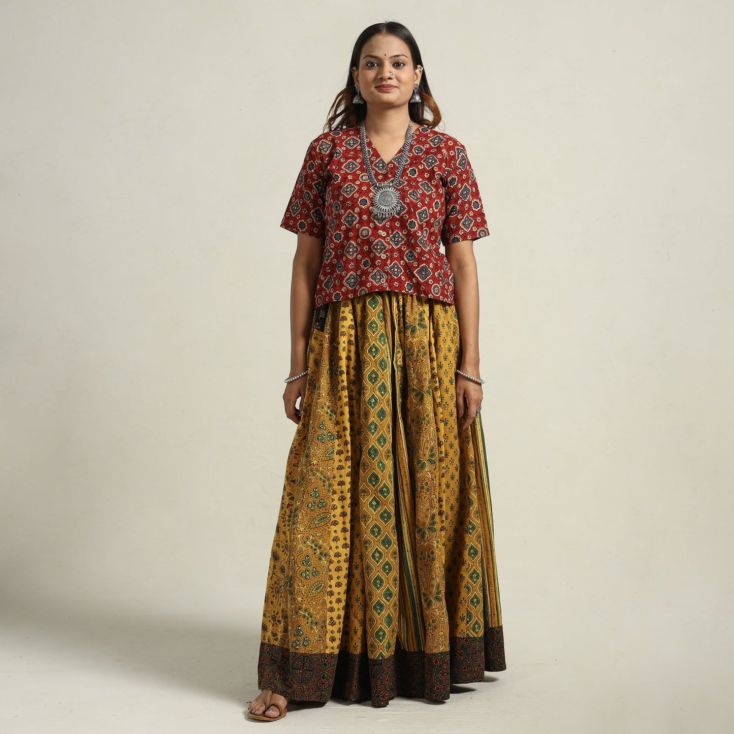 Ajrakh Block Printed 24 Kali Patchwork Cotton Long Skirt 21