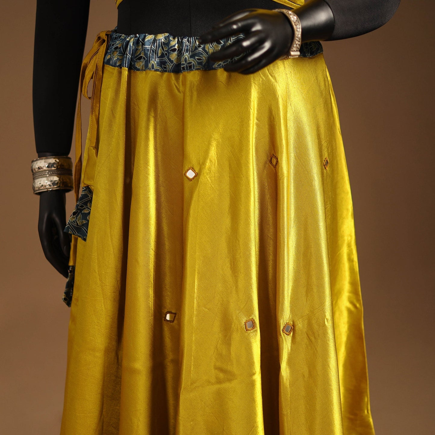 Yellow Navratri Garba Chaniya Choli Set in Mashru Silk with Ajrakh Patch