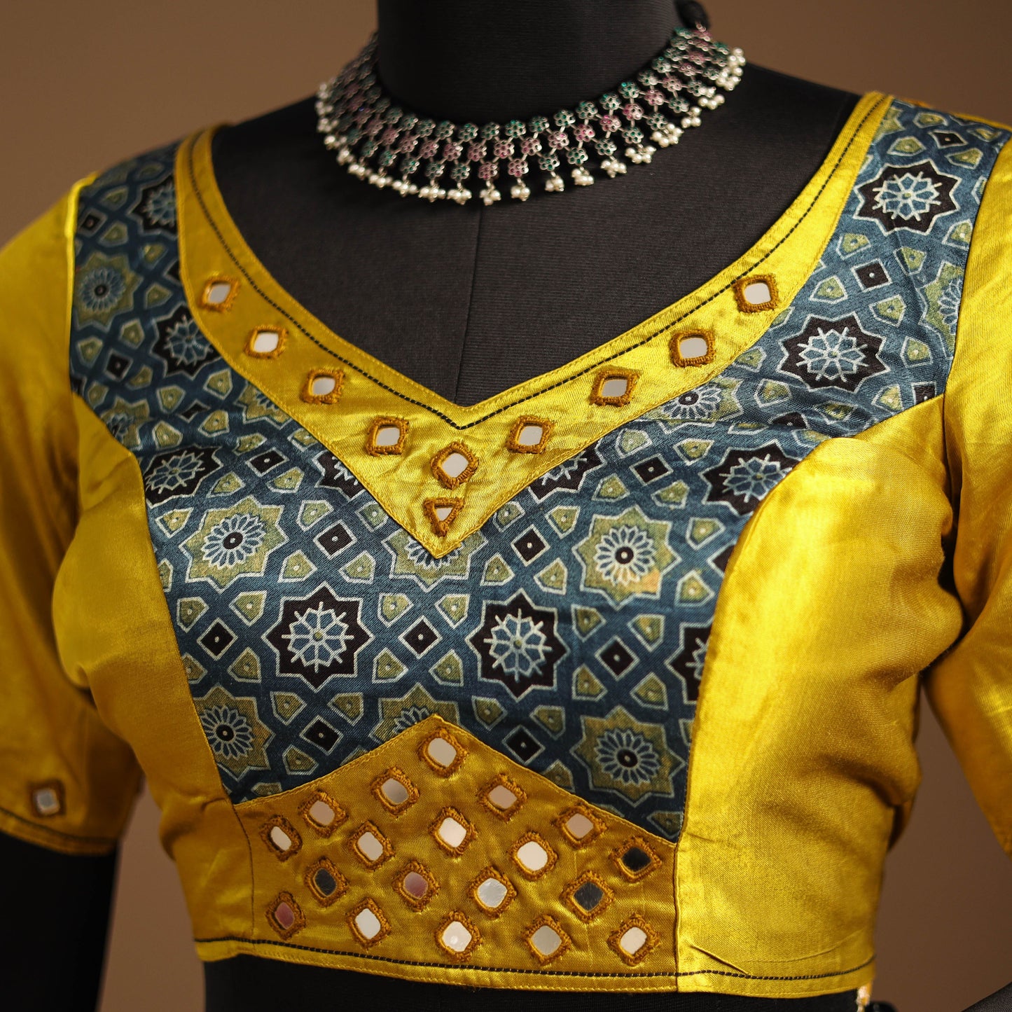 Yellow Navratri Garba Chaniya Choli Set in Mashru Silk with Ajrakh Patch