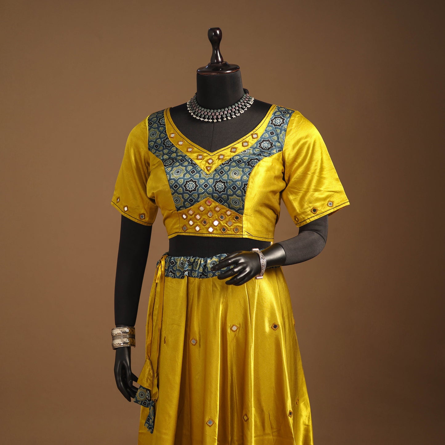 Yellow Navratri Garba Chaniya Choli Set in Mashru Silk with Ajrakh Patch