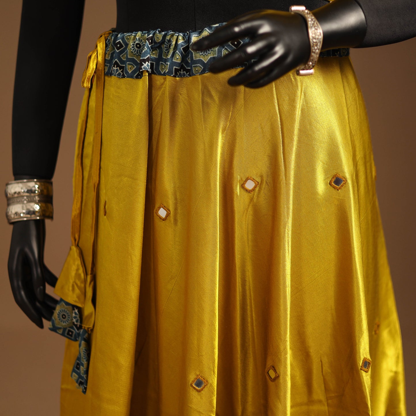 Yellow Navratri Garba Chaniya Choli Set in Mashru Silk with Ajrakh Patch