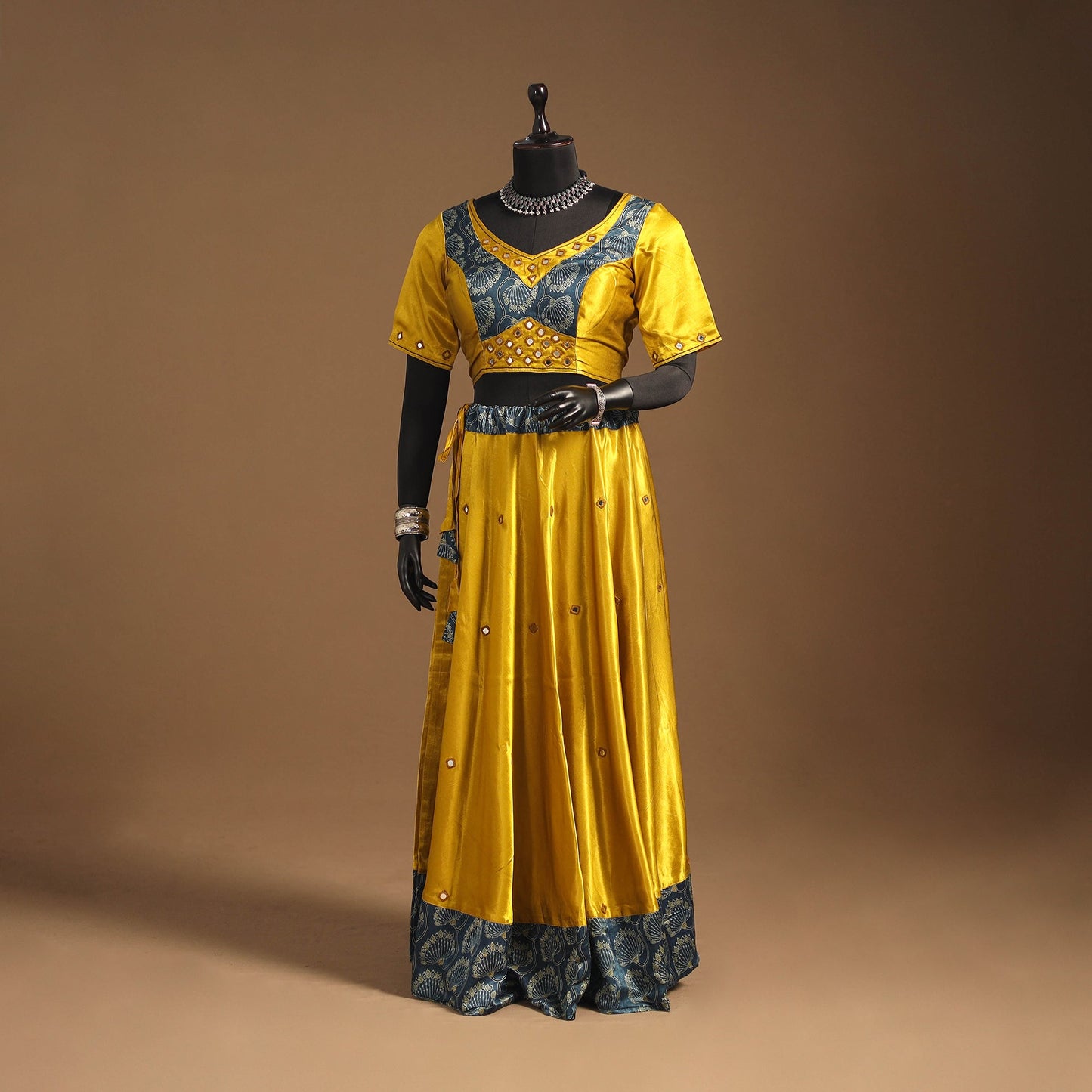 Yellow Navratri Garba Chaniya Choli Set in Mashru Silk with Ajrakh Patch