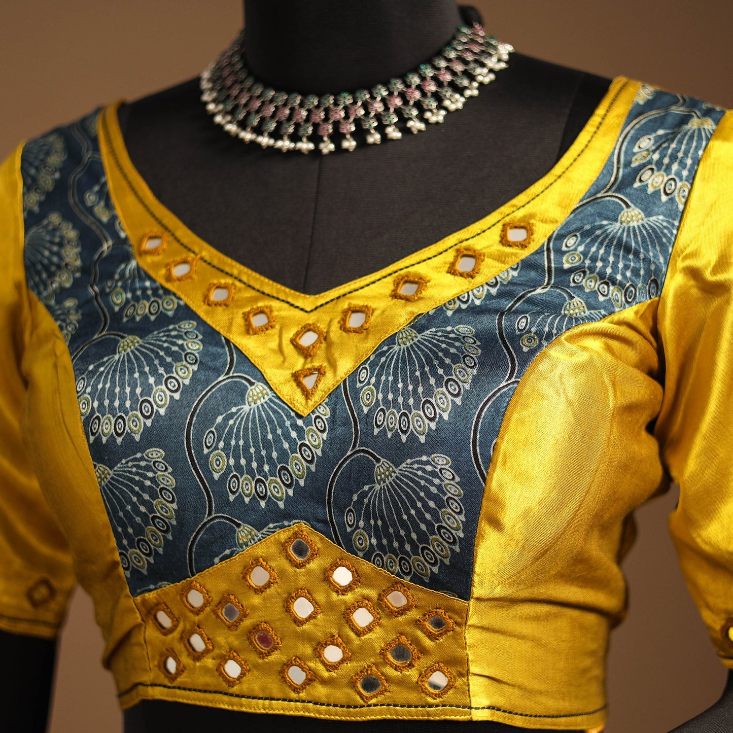 Yellow Navratri Garba Chaniya Choli Set in Mashru Silk with Ajrakh Patch