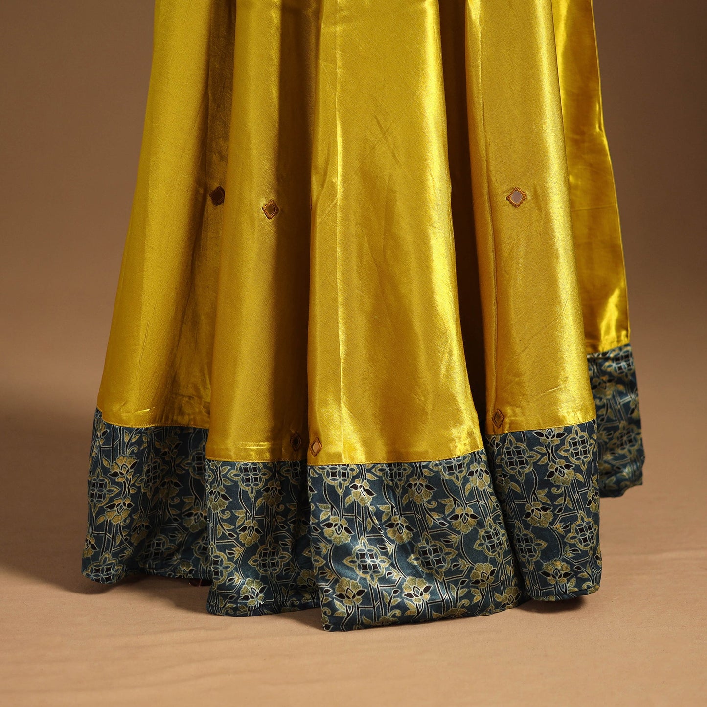 Yellow Navratri Garba Chaniya Choli Set in Mashru Silk with Ajrakh Patch