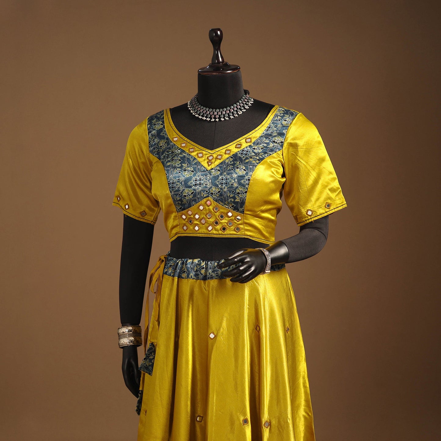 Yellow Navratri Garba Chaniya Choli Set in Mashru Silk with Ajrakh Patch