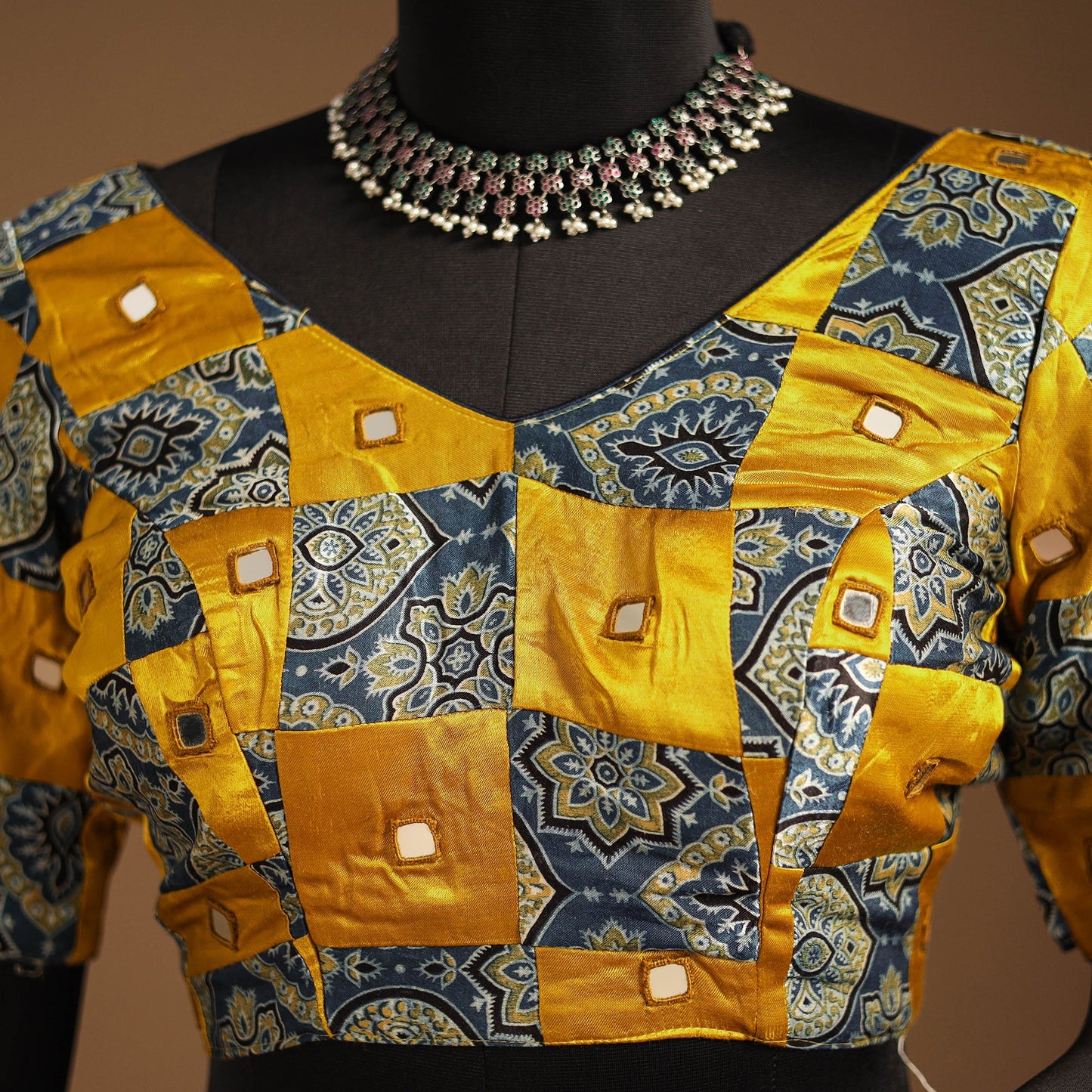 Yellow Navratri Garba Chaniya Choli Set in Mashru Silk with Ajrakh Patch