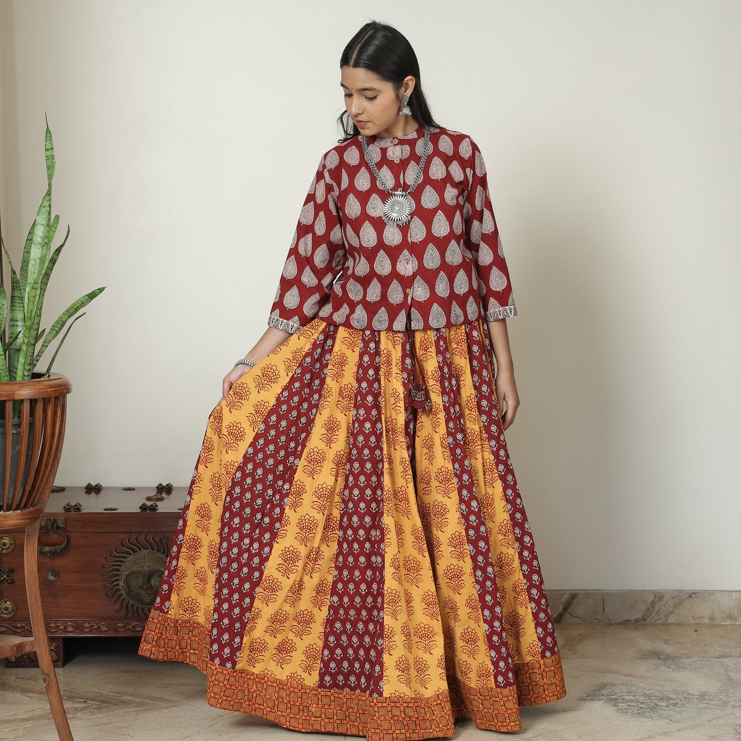 Bagh Block Printed Patchwork Cotton Long Skirt