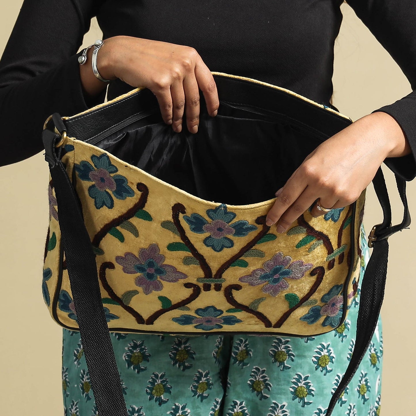 Original Crewel Hand Embroidery Leather & Velvet Laptop Bag