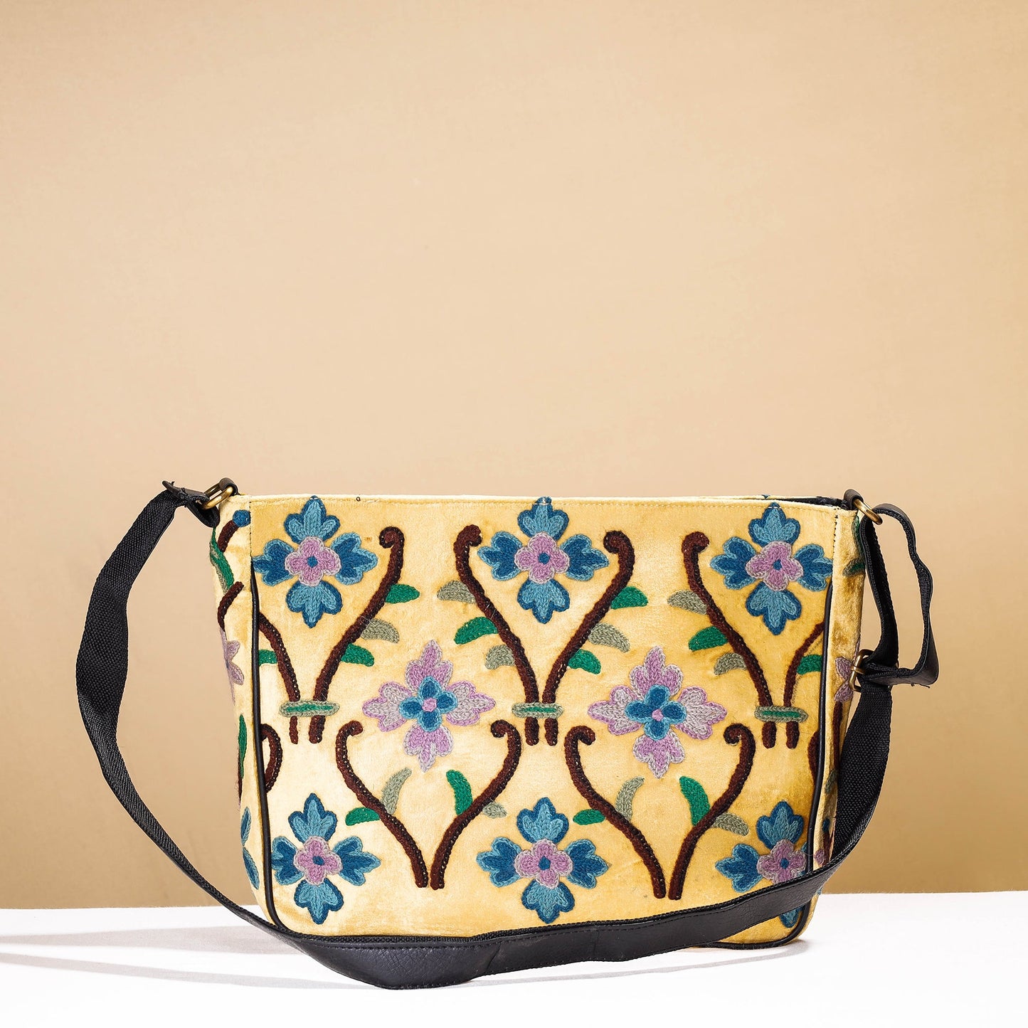 Original Crewel Hand Embroidery Leather & Velvet Laptop Bag