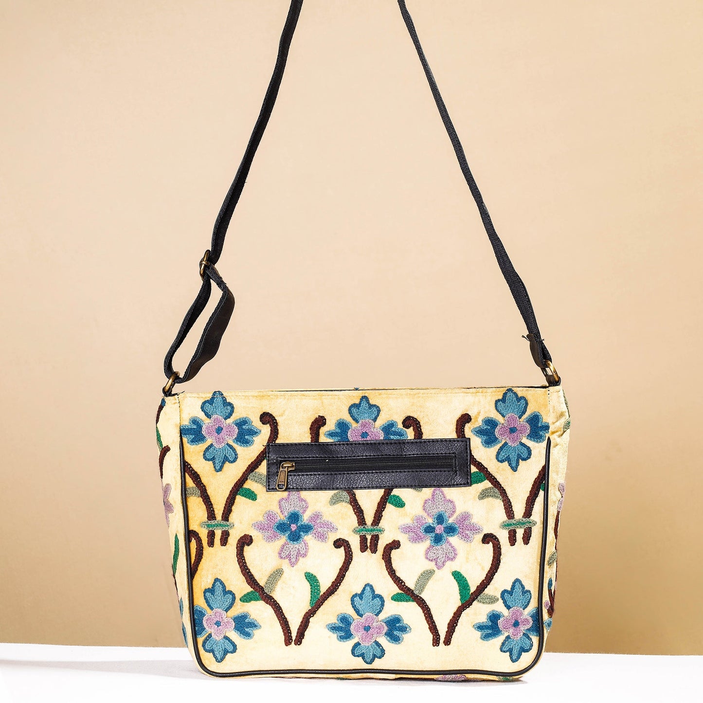 Original Crewel Hand Embroidery Leather & Velvet Laptop Bag
