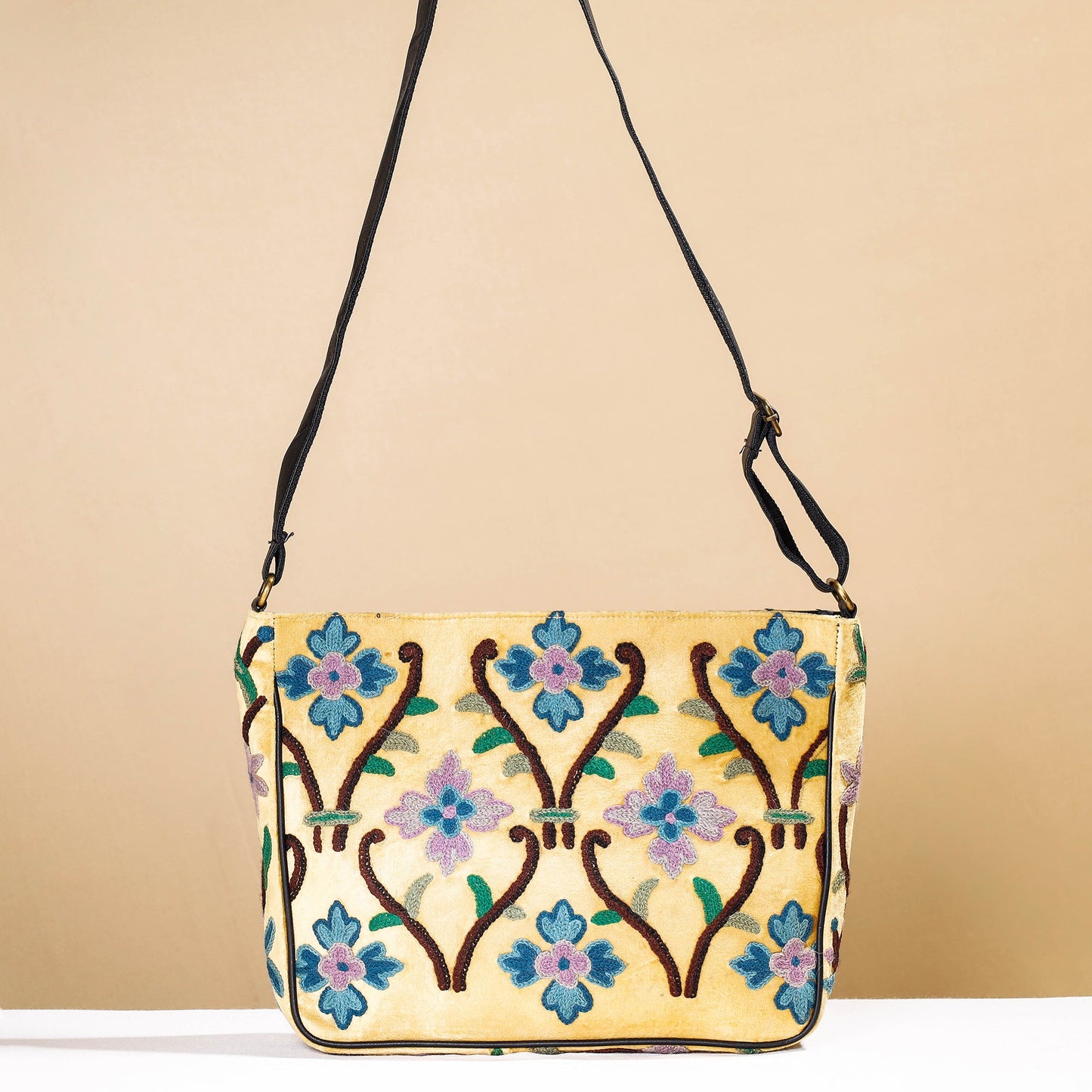 Original Crewel Hand Embroidery Leather & Velvet Laptop Bag