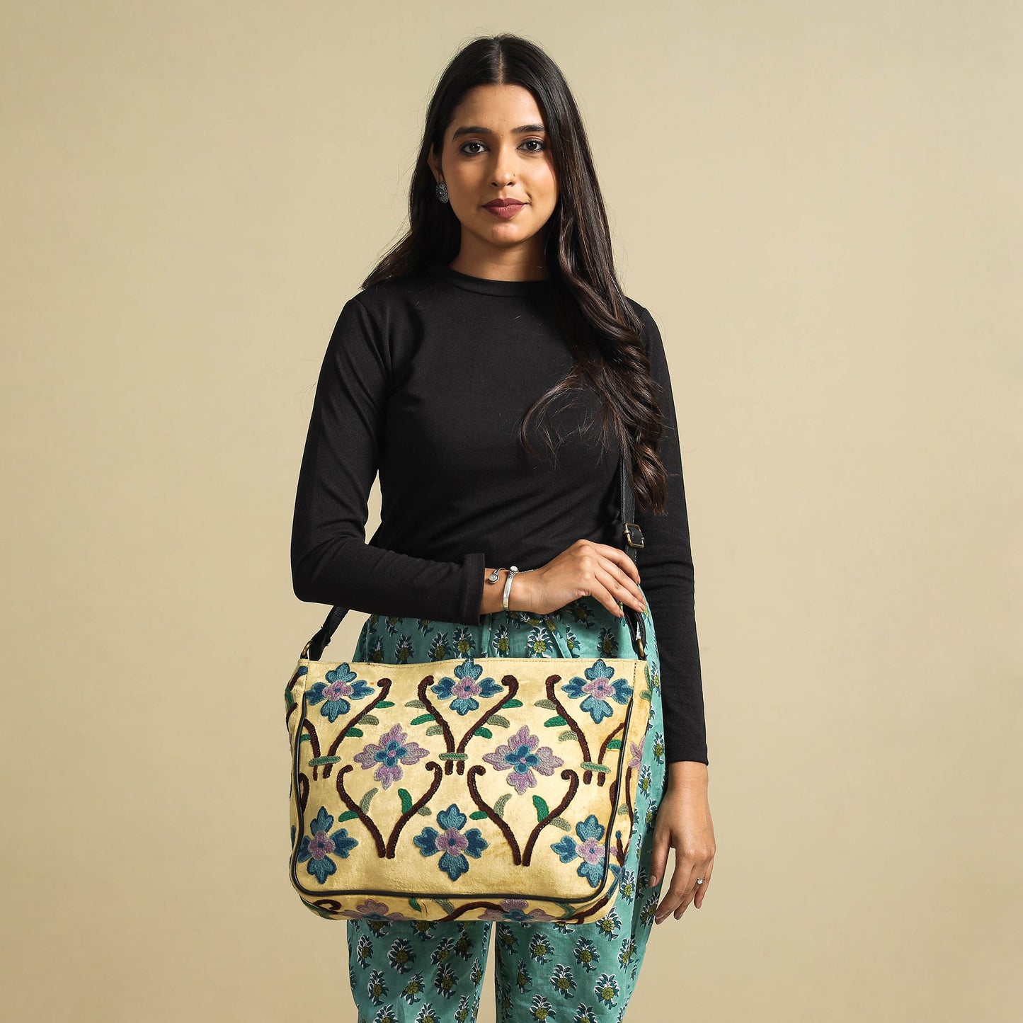 Original Crewel Hand Embroidery Leather & Velvet Laptop Bag