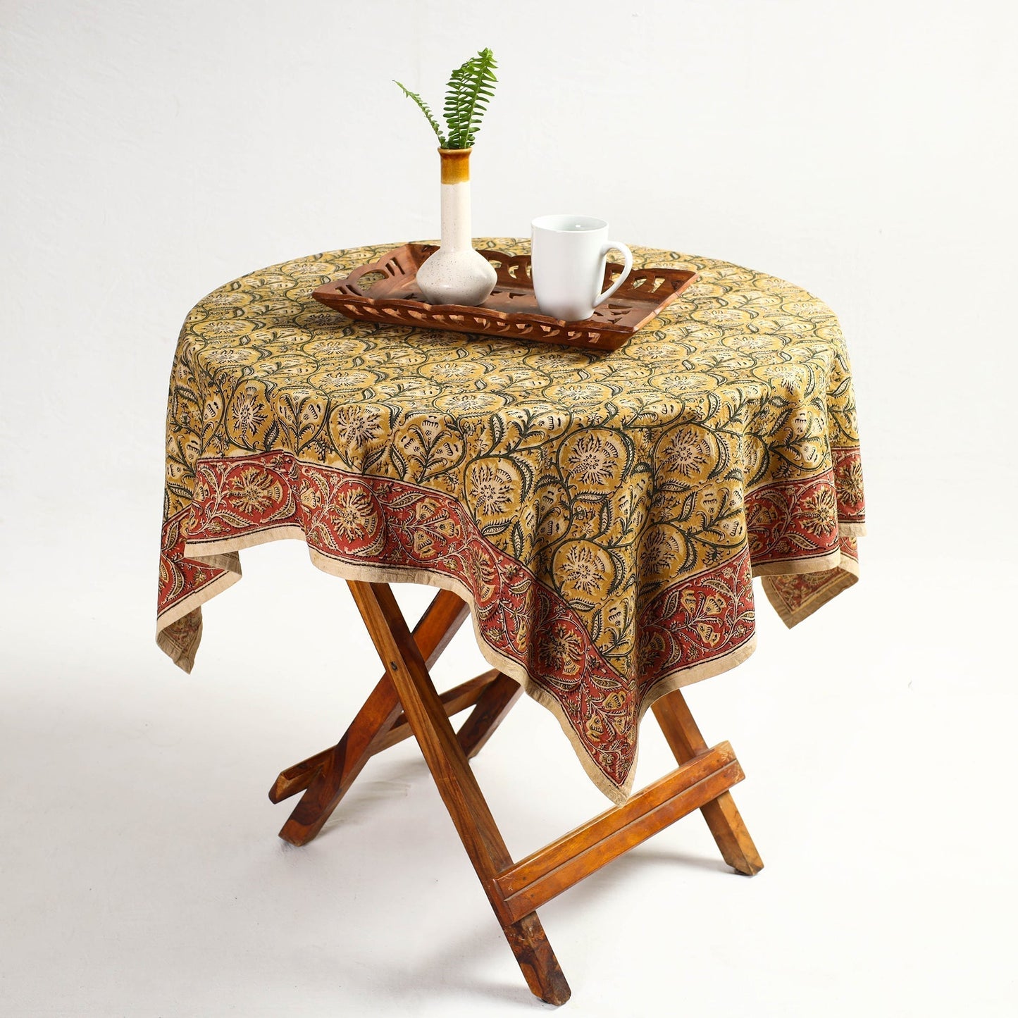 Yellow Pedana Kalamkari Block Print Cotton Table Cover