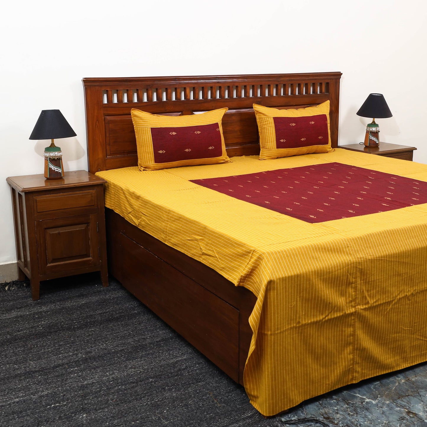 Yellow - patchwork cotton double jacquard bed sheet set 04