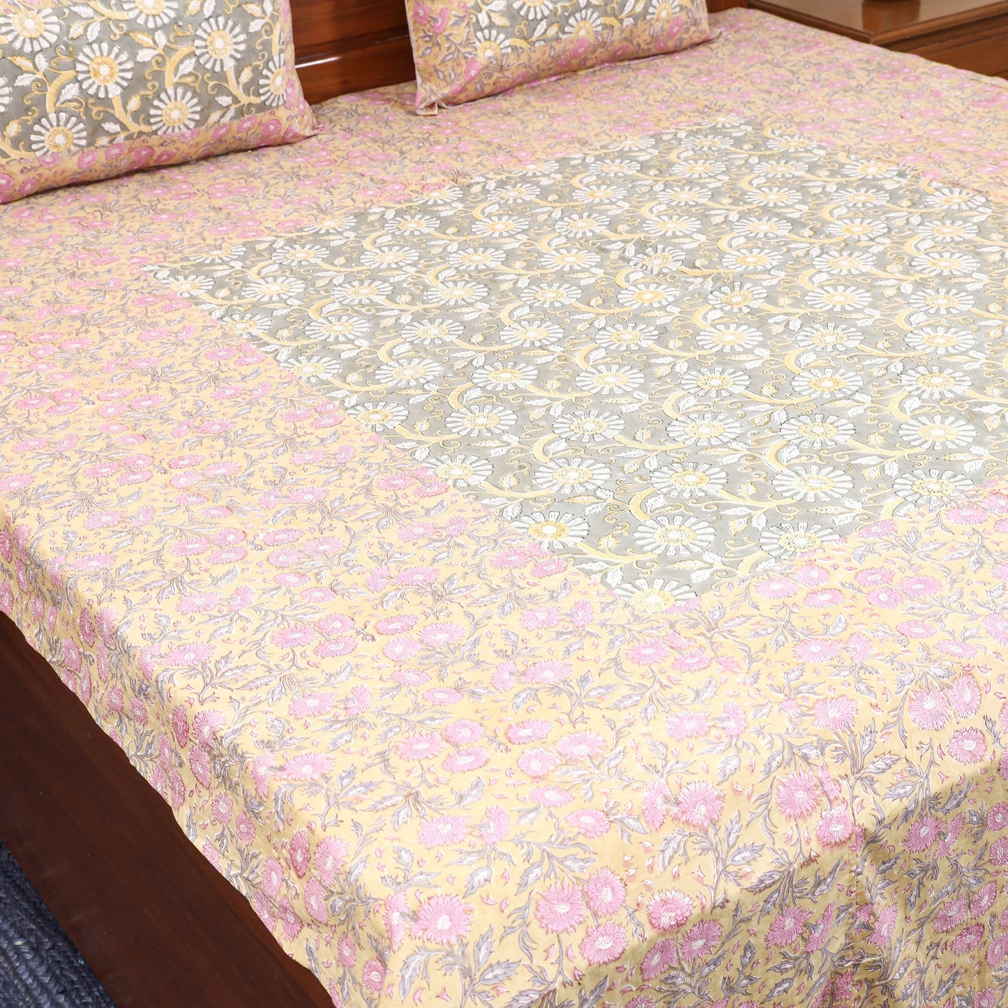 Patchwork hand double sanganeri bedsheet set (108 x 90 in)