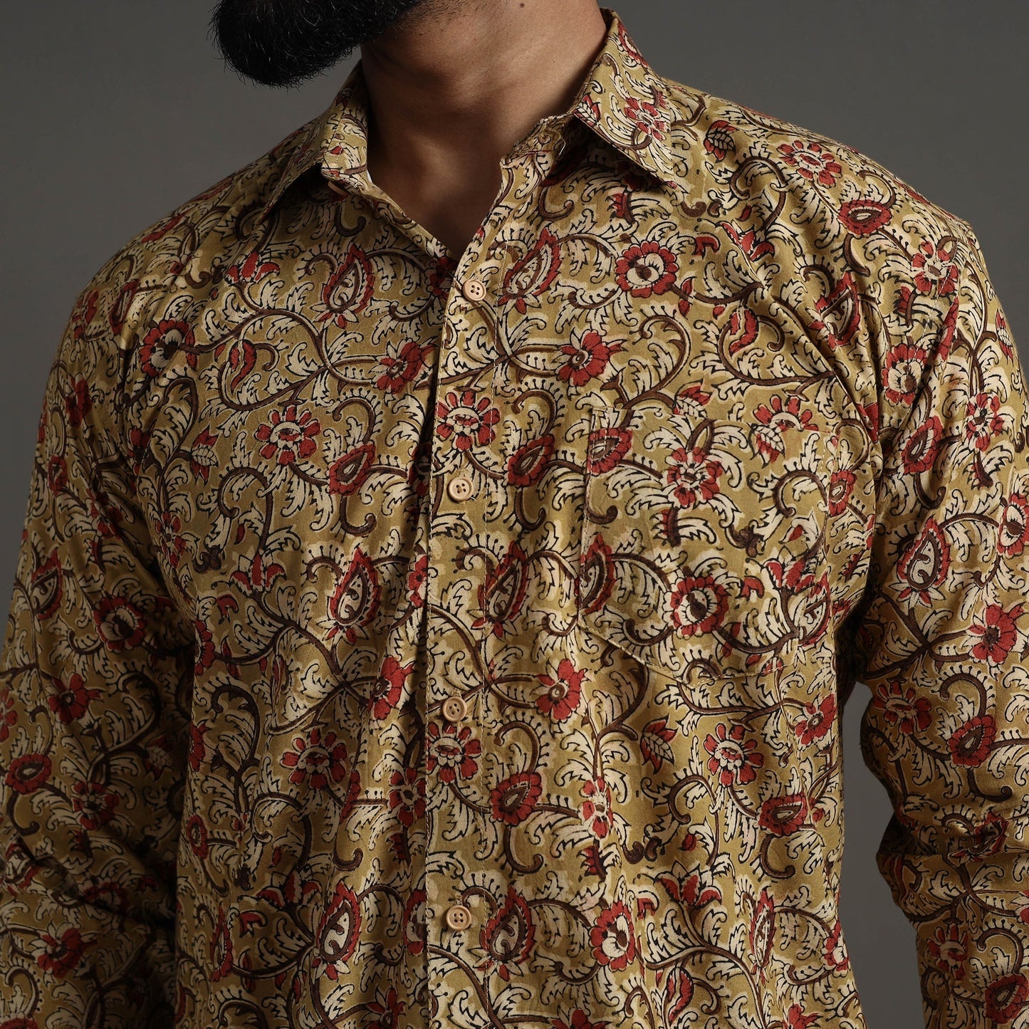 Yellow - Pedana Block Print Cotton Men Kalamkari Shirt 01