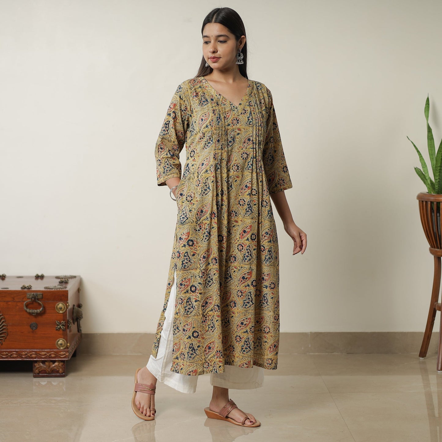 Yellow Pedana Block Print Cotton Pintuck Straight Kalamkari Kurta