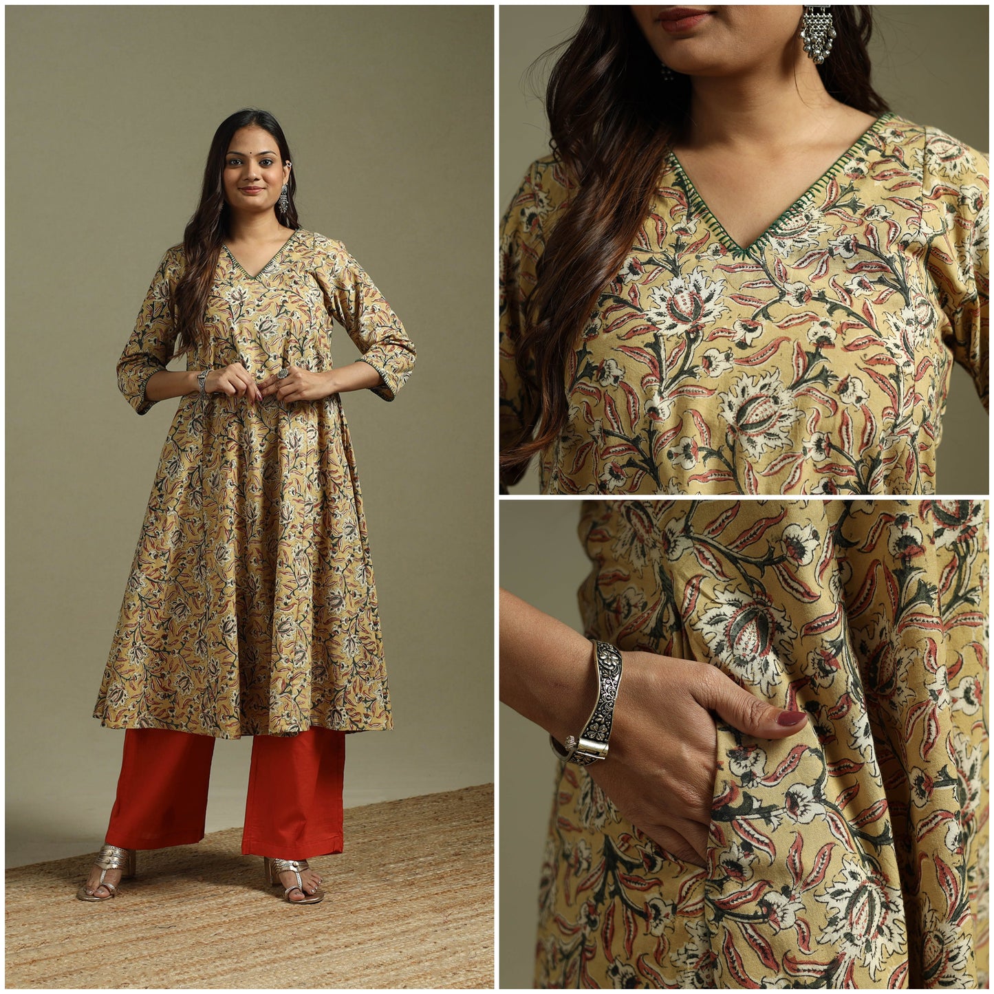 Yellow - pedana natural dyed cotton hand embroidery a-line