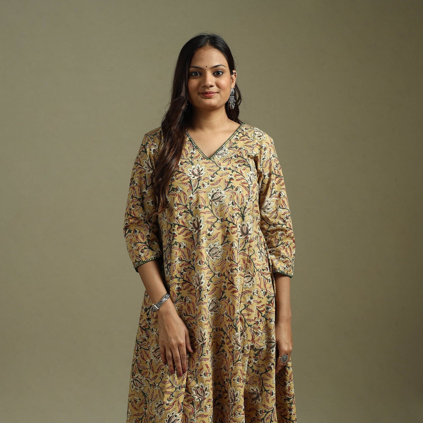 Yellow - pedana natural dyed cotton hand embroidery a-line