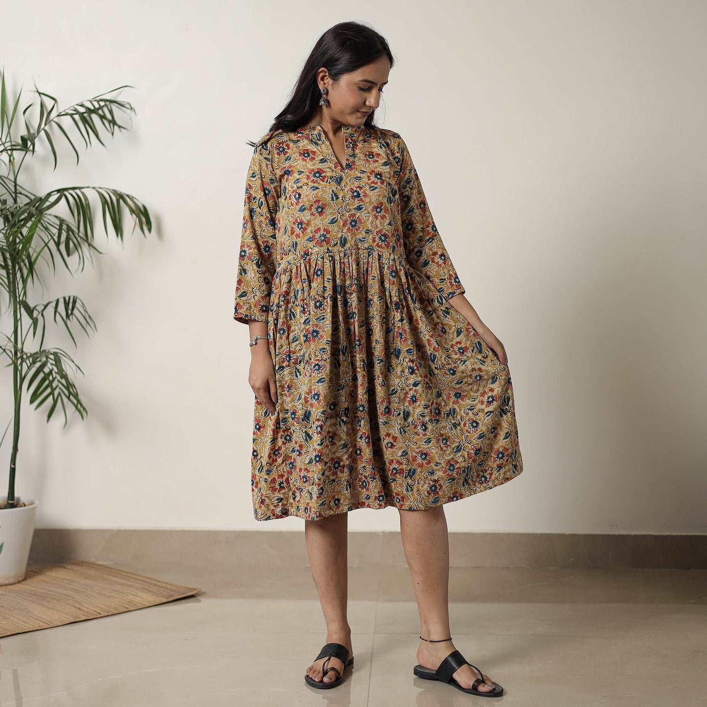 Pedana Kalamkari Block Printed Cotton Flared Dress 01