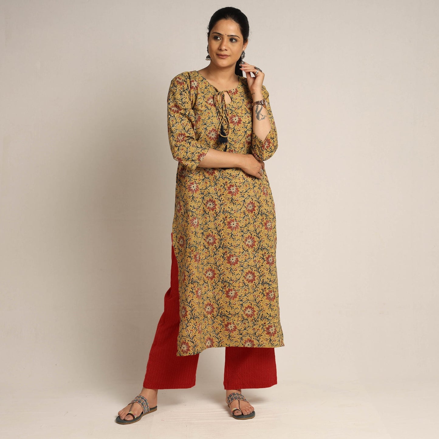 Yellow - pedana kalamkari printed cotton kurta with palazzo