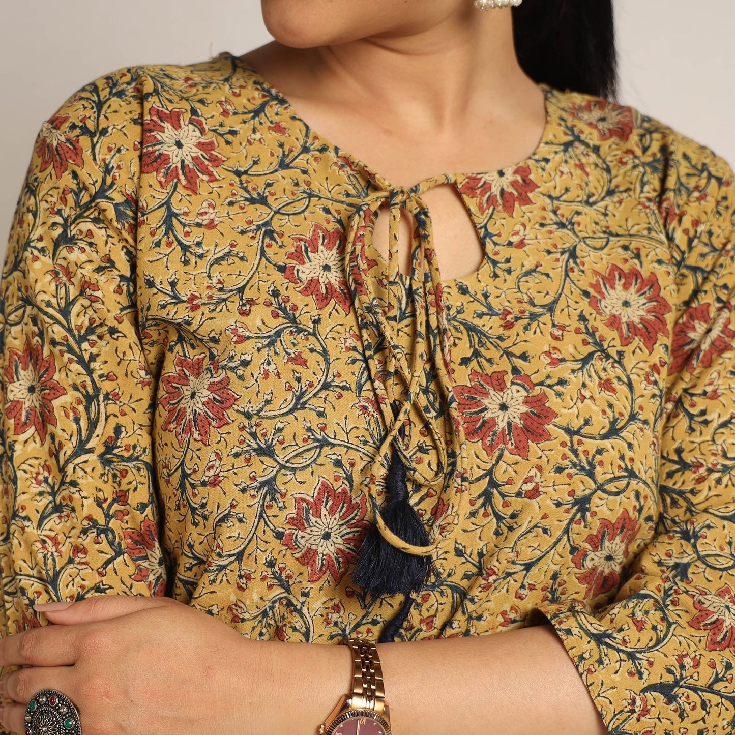 Yellow - pedana kalamkari printed cotton kurta with palazzo