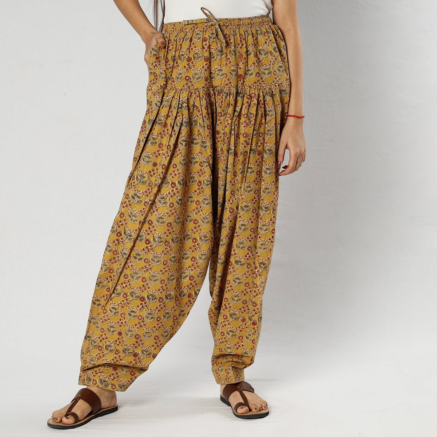 Yellow - pedana kalamkari block printing cotton elasticated
