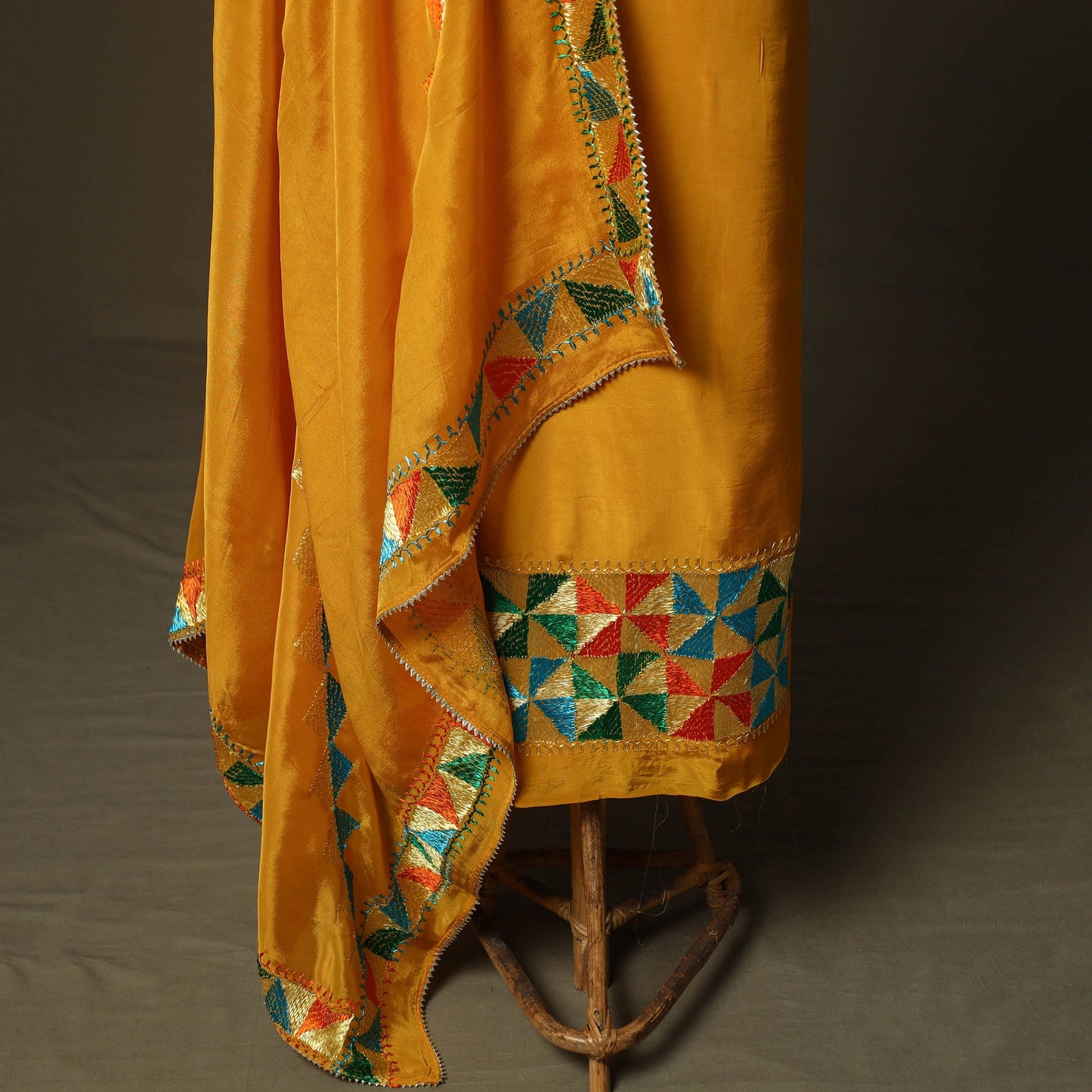 Phulkari hand embroidered crepe silk 3pc unstitched dress