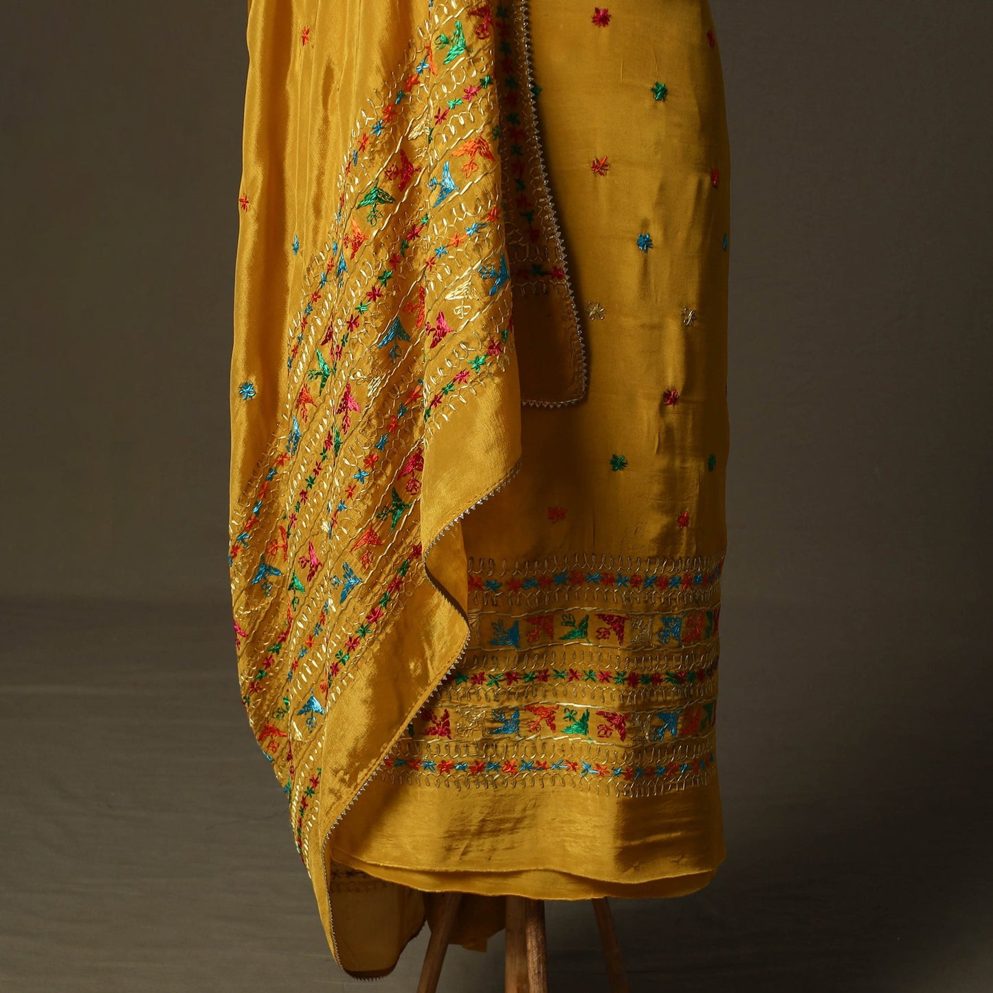 Phulkari hand embroidered crepe silk 3pc unstitched dress